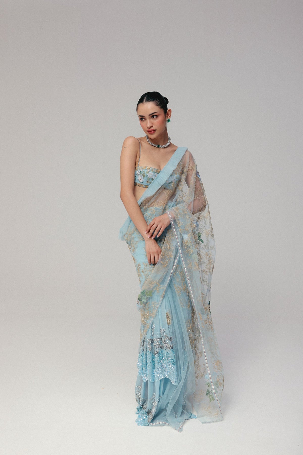 Floral & Zardosi Embroidery, Silk Georgette & Tulle with French Lace, Stitched Saree Set, Blouse Silhouette