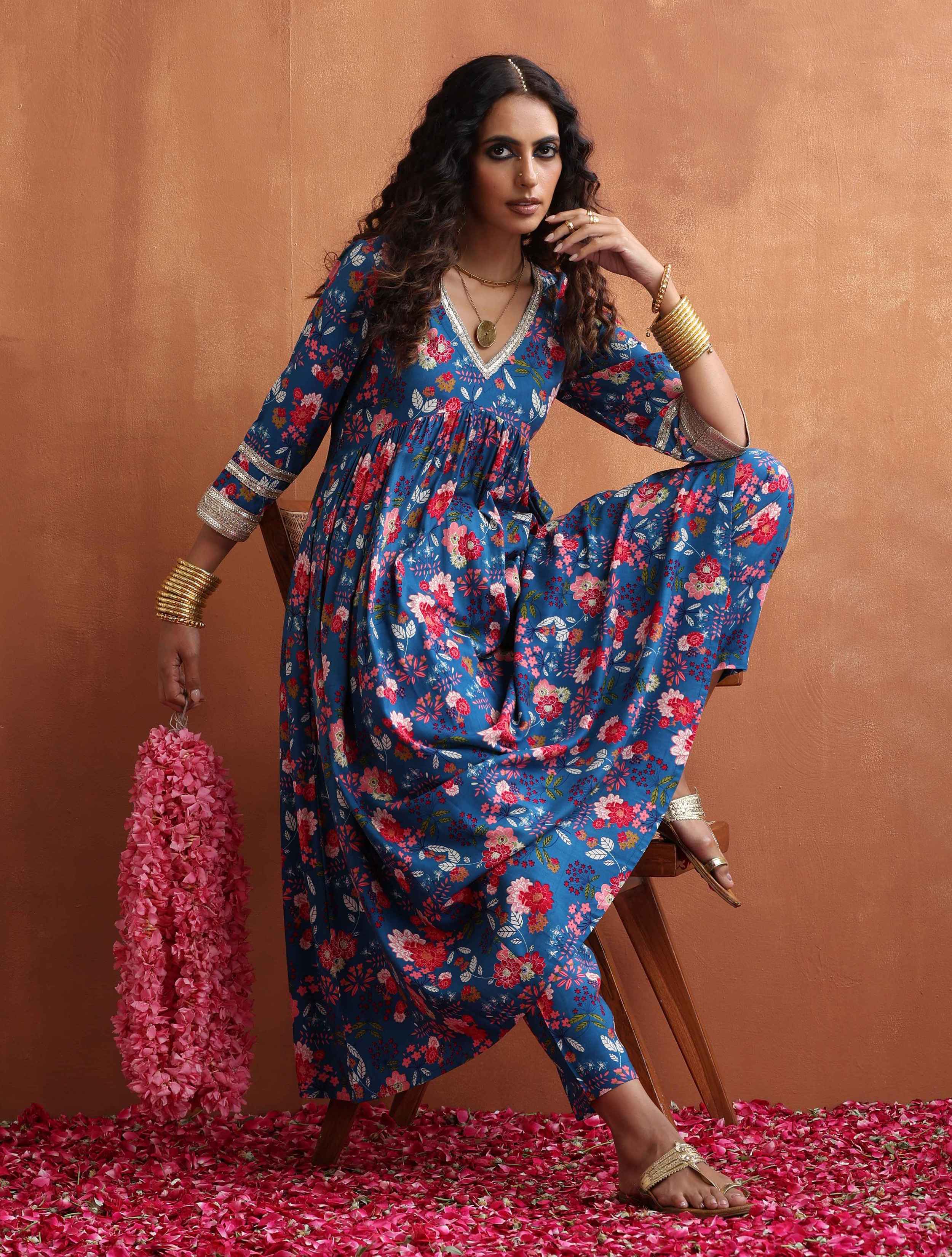 trueBrowns Blue Print Flared Arkali Kurta Set