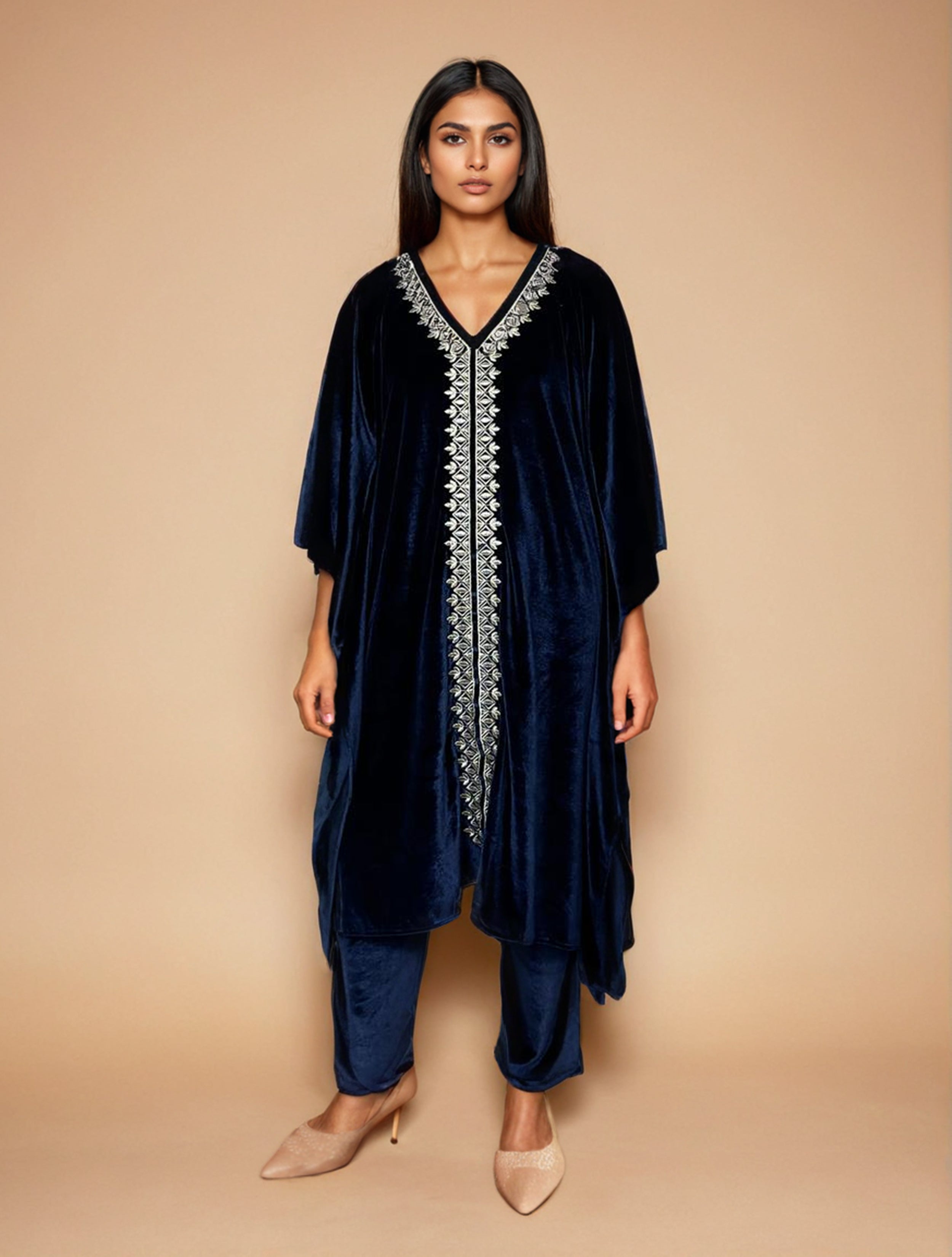 trueBrowns vy Blue Velvet Embroidered Kaftan Kurta Set