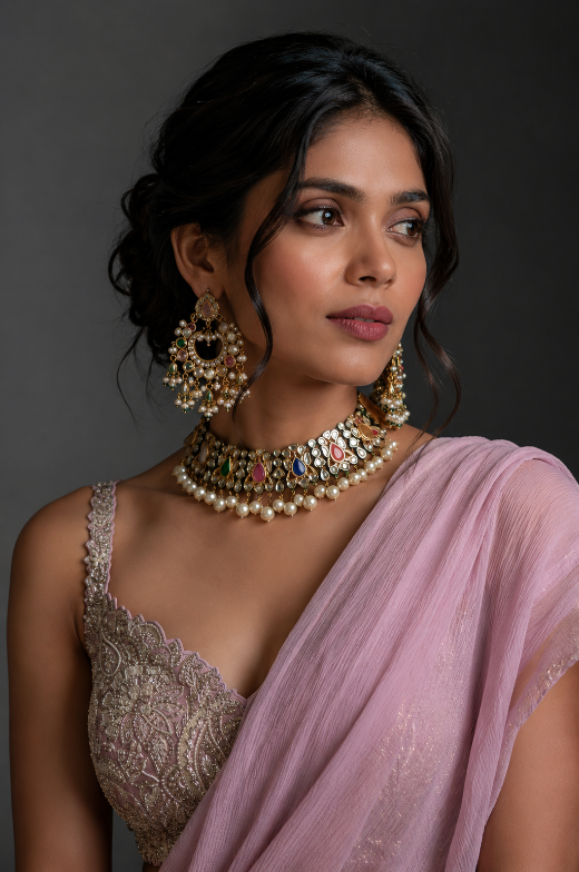 Navratna Pastel Jaipuri Kundan Multicolor Choker Set with Statement earring