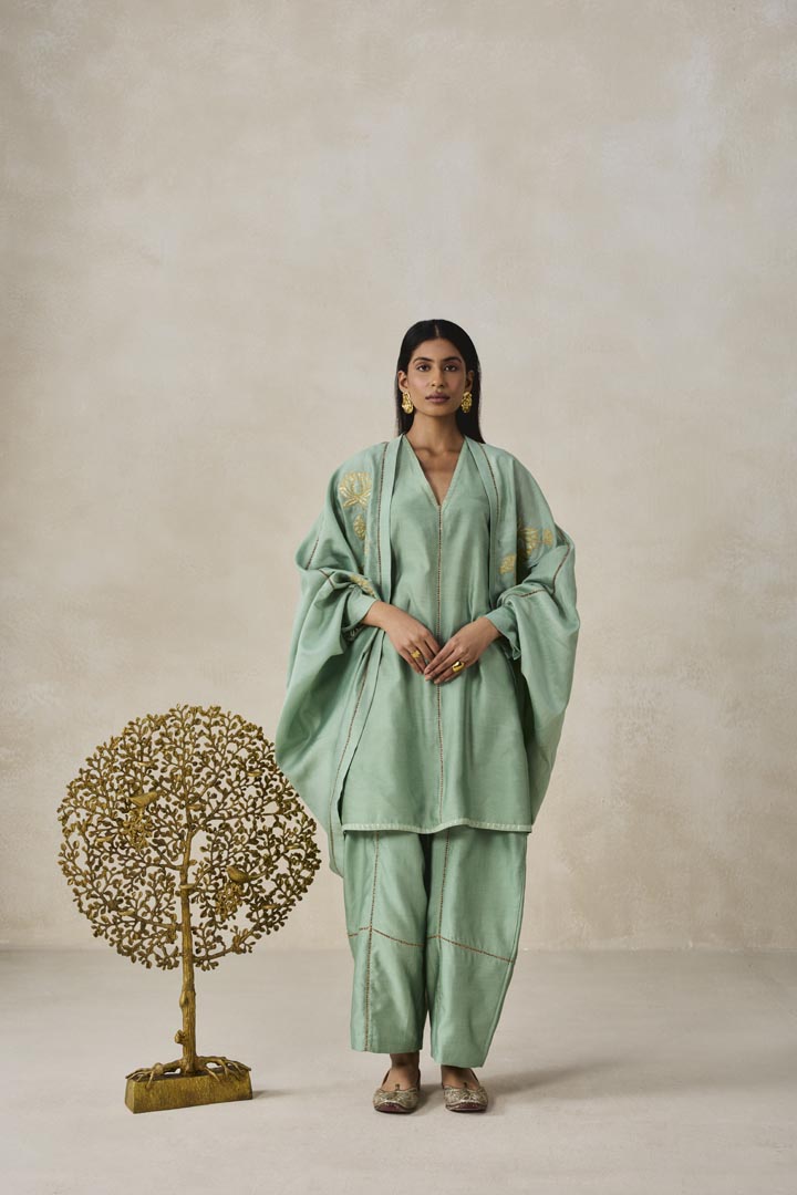 Sage Green Chanderi Jacket Style Kurta Set with Applique Work
