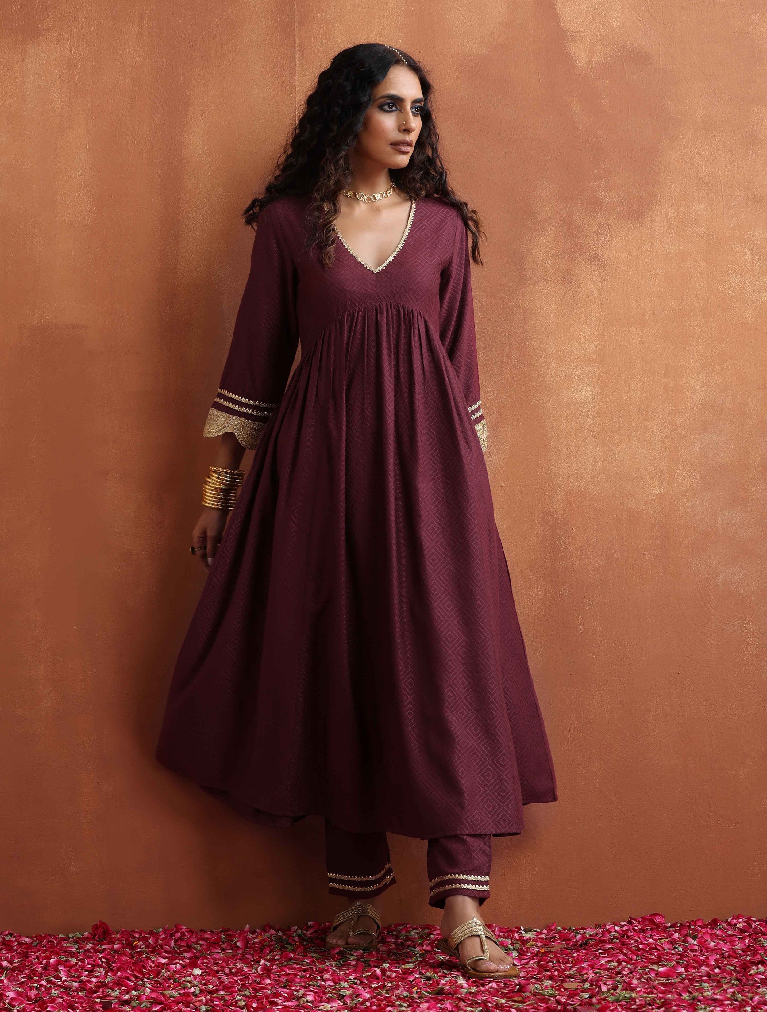 trueBrowns Maroon Flared Arkali Kurta Set