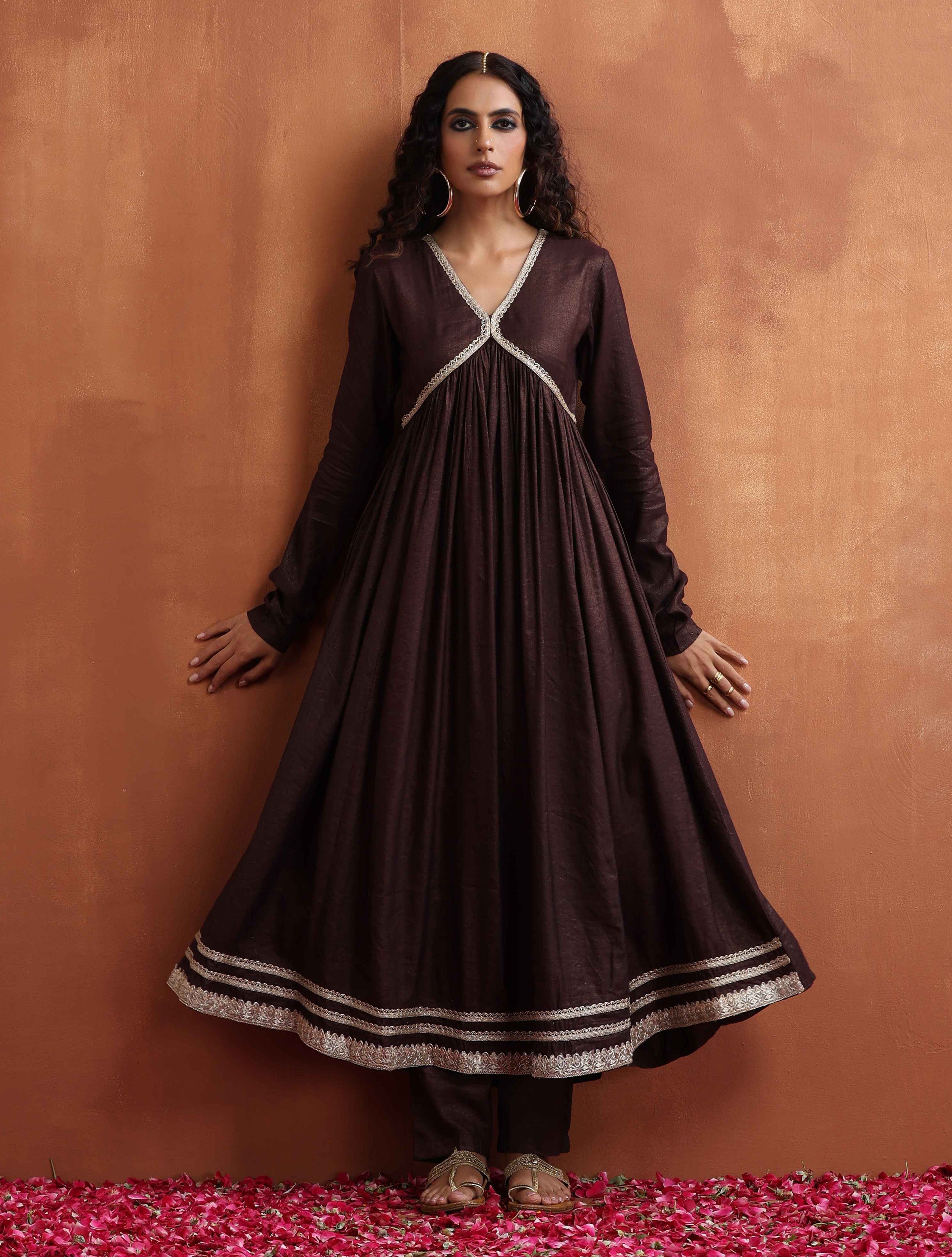 trueBrowns Brown Metallic Flared Arkali Kurta Set