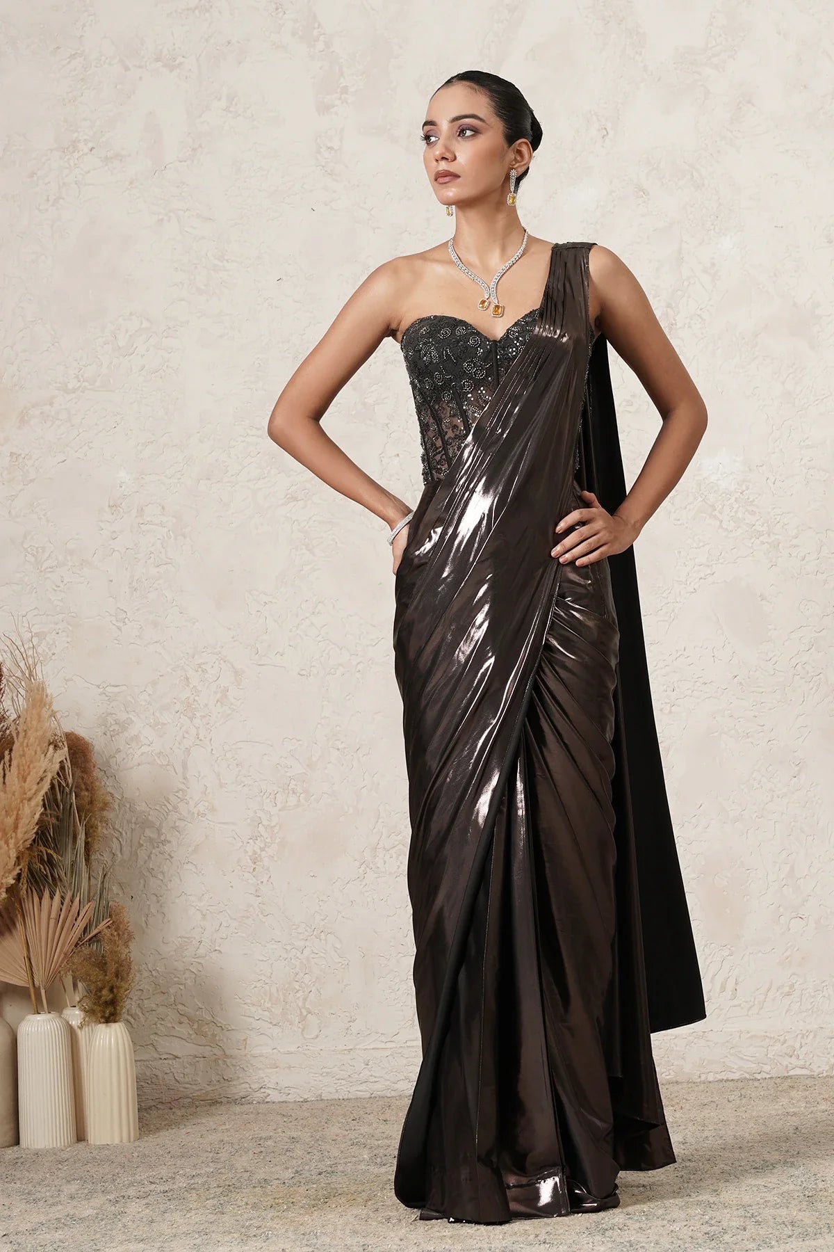 Siyahi Pre-Draped Saree with Hand-Embroidered Corset Blouse | Gunmetal & Black | Women | THETAA