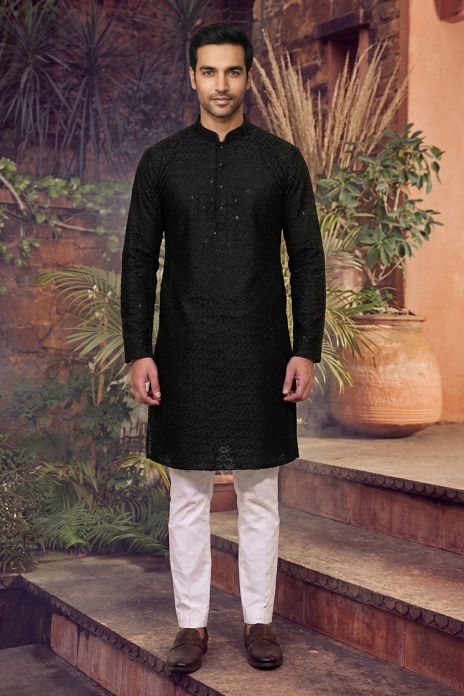 Men's Cotton Cream Designer Embroidery Work Kurta with payjama
