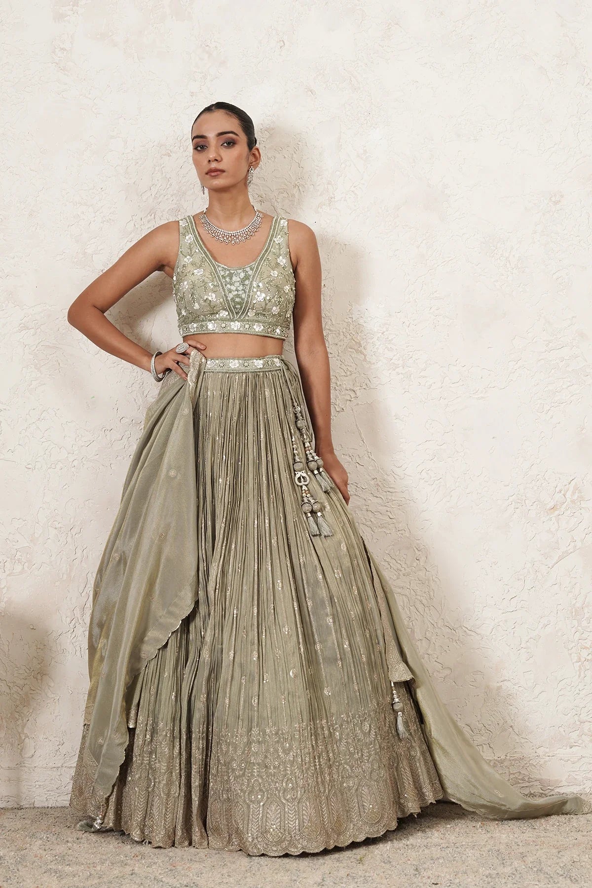 Pista Crushed Lehenga Set with Hand-Embroidered Blouse & Dupatta | Sage Green & Antique Gold| Women | THETAA