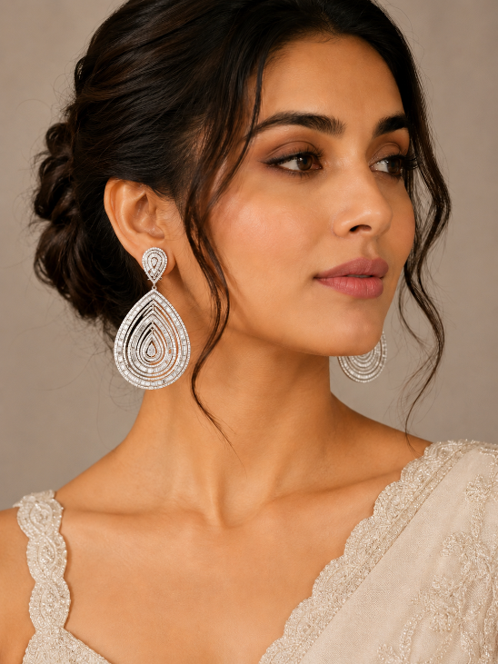 Silver-Tone Teardrop Cubic Zirconia Statement earring