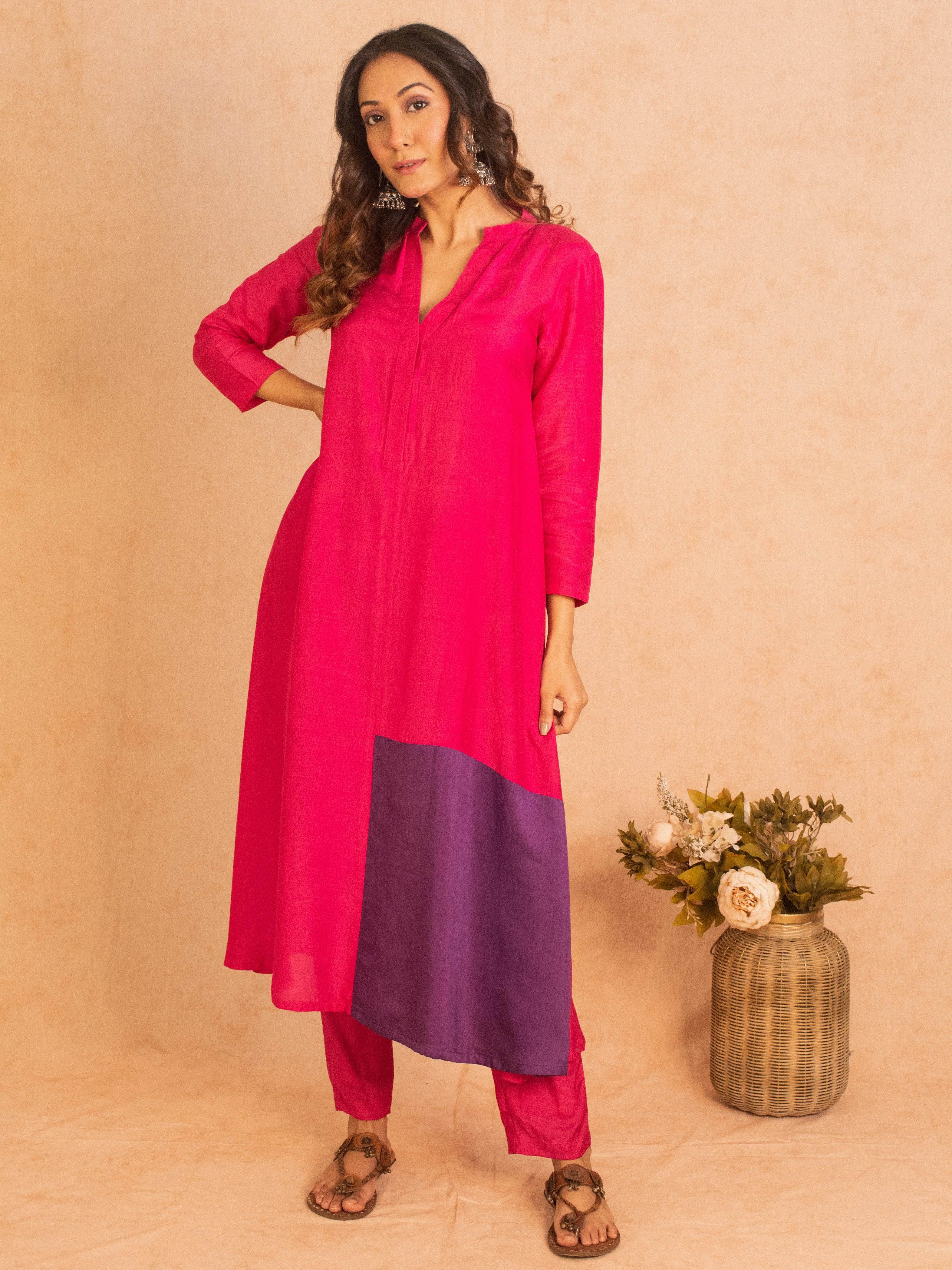 Silk Pink Patched Flared Kurta Pant Set - trueBrowns