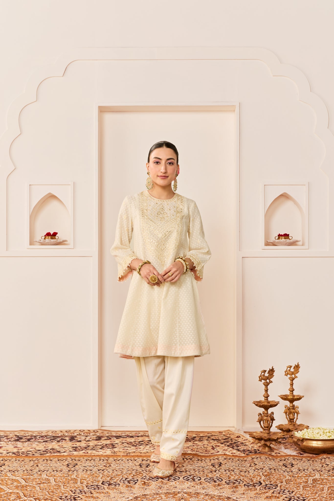 NIDA - DAISY IVORY SHORT CHOGA WITH FARSHI SALWAR AND DUPATTA