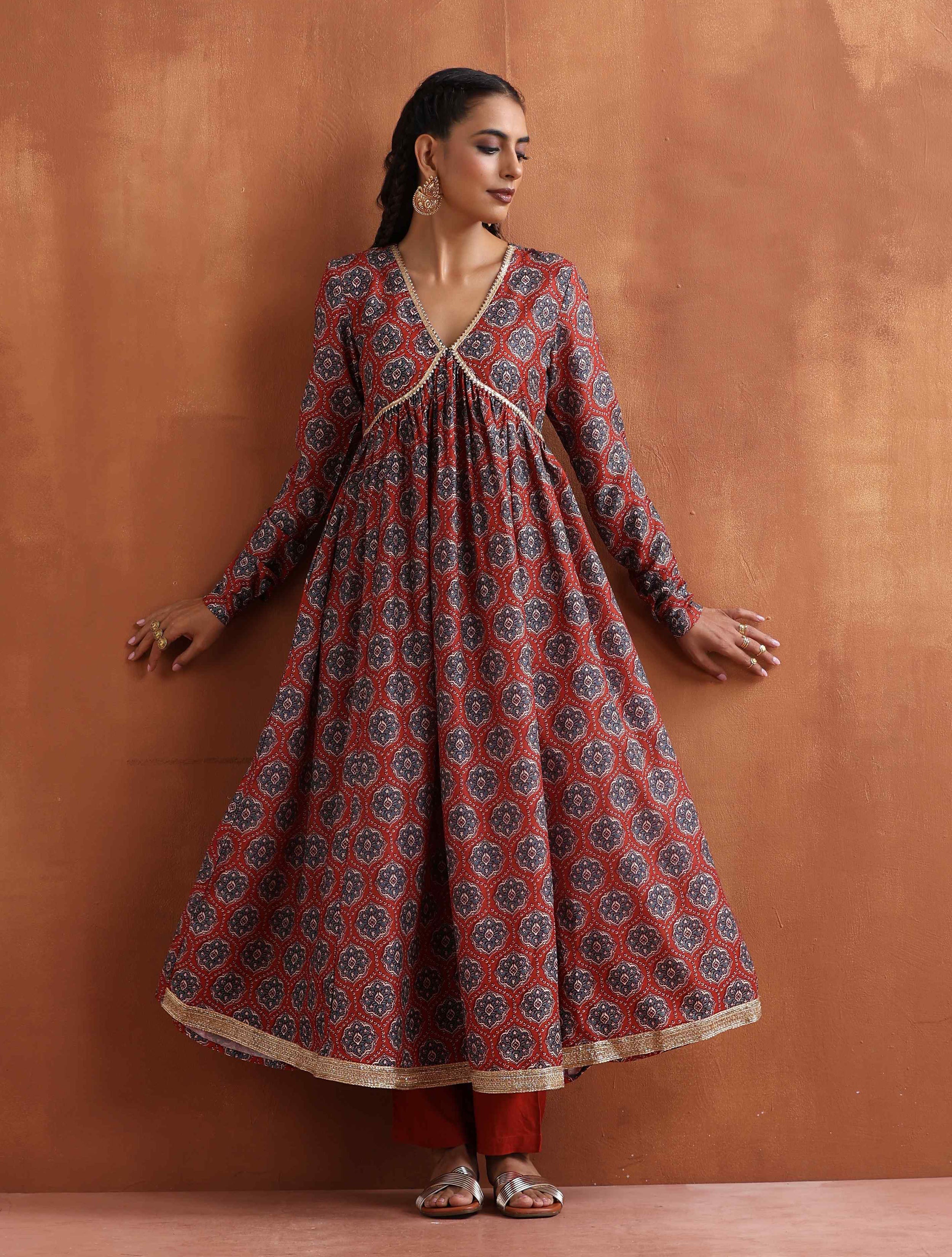 trueBrowns Rust Ajrak Print Flared Arkali Kurta Set