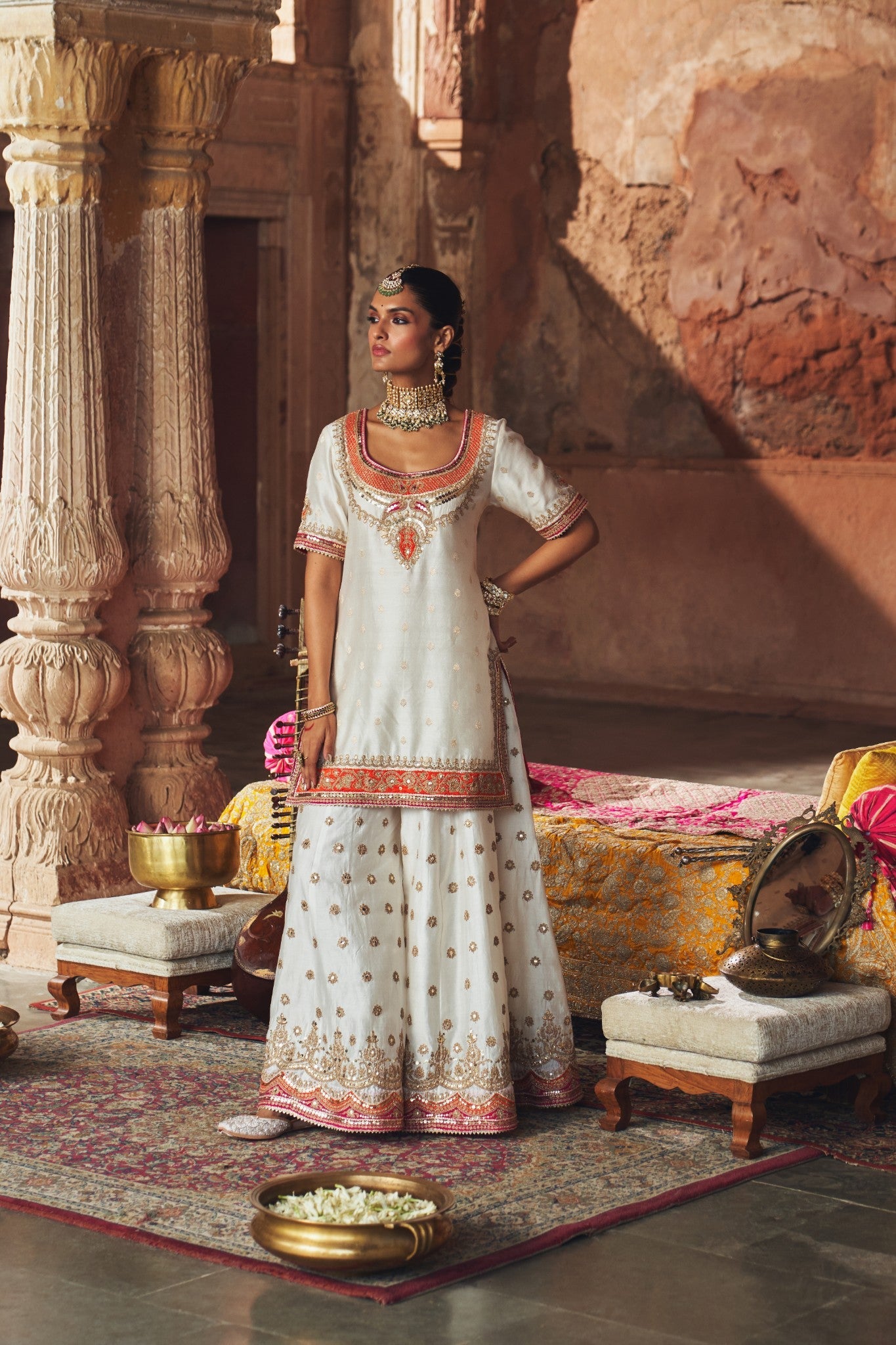 SAMREEN - DAISY IVORY SHORT KURTA WITH SHARARA AND DUPATTA