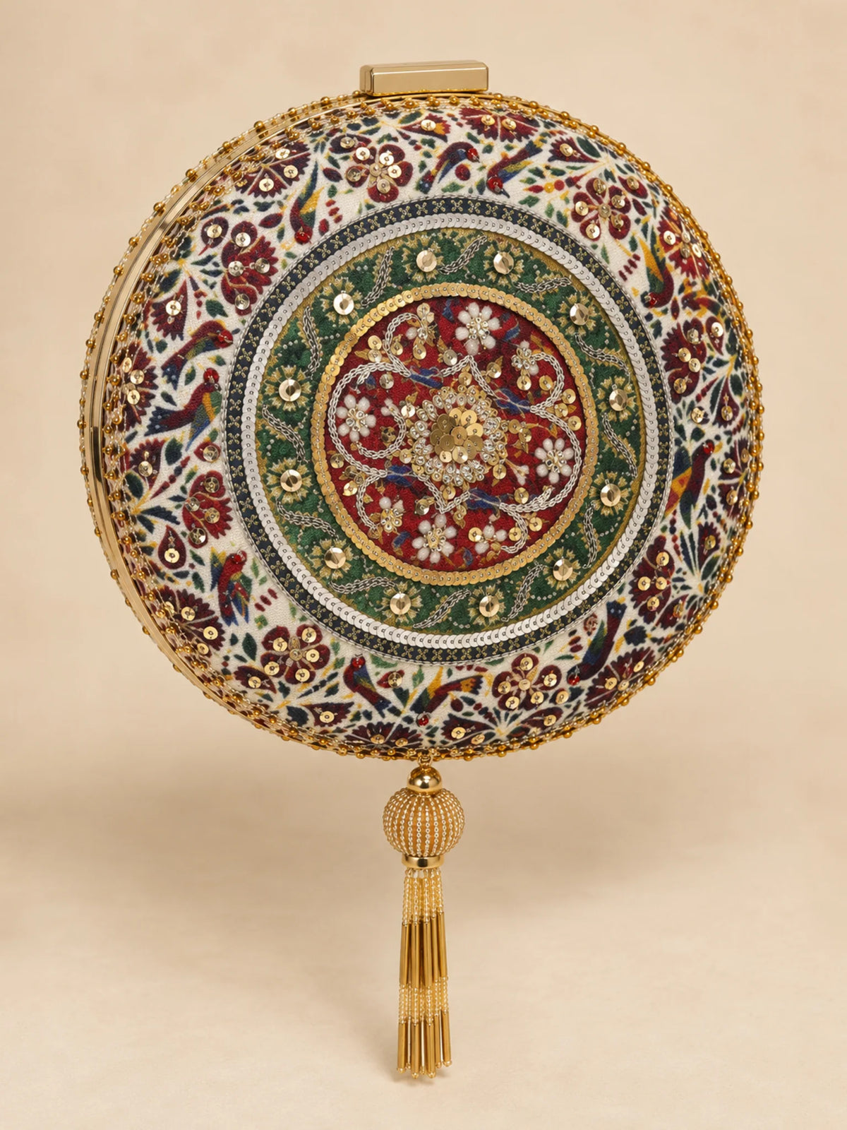 Ivory Bird Motif Printed Embroidered Round Clutch Bag with Gold Tassel