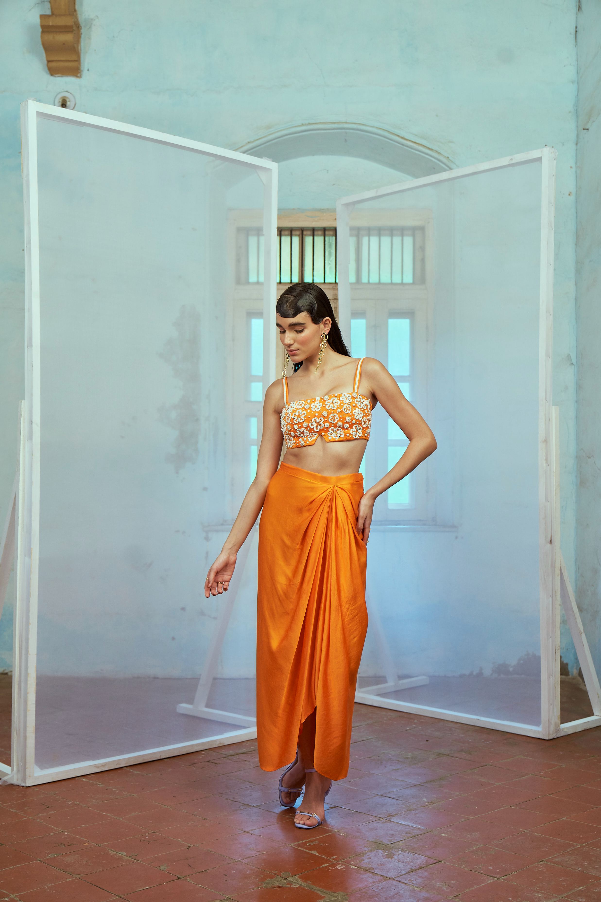 Orange Bustier and Drape Skirt Set