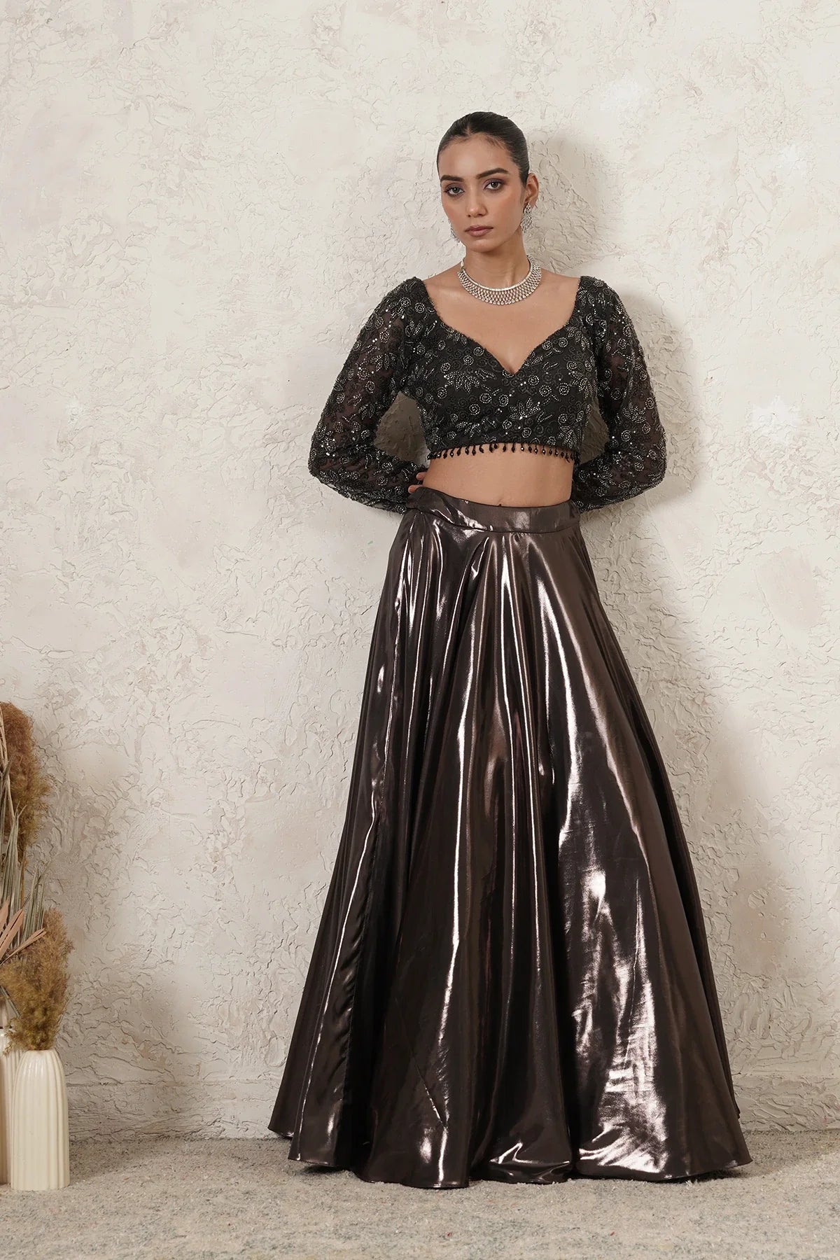 Saaya Metallic Lehenga Set with Hand-Embroidered Blouse & Dupatta | Gunmetal | Women | THETAA