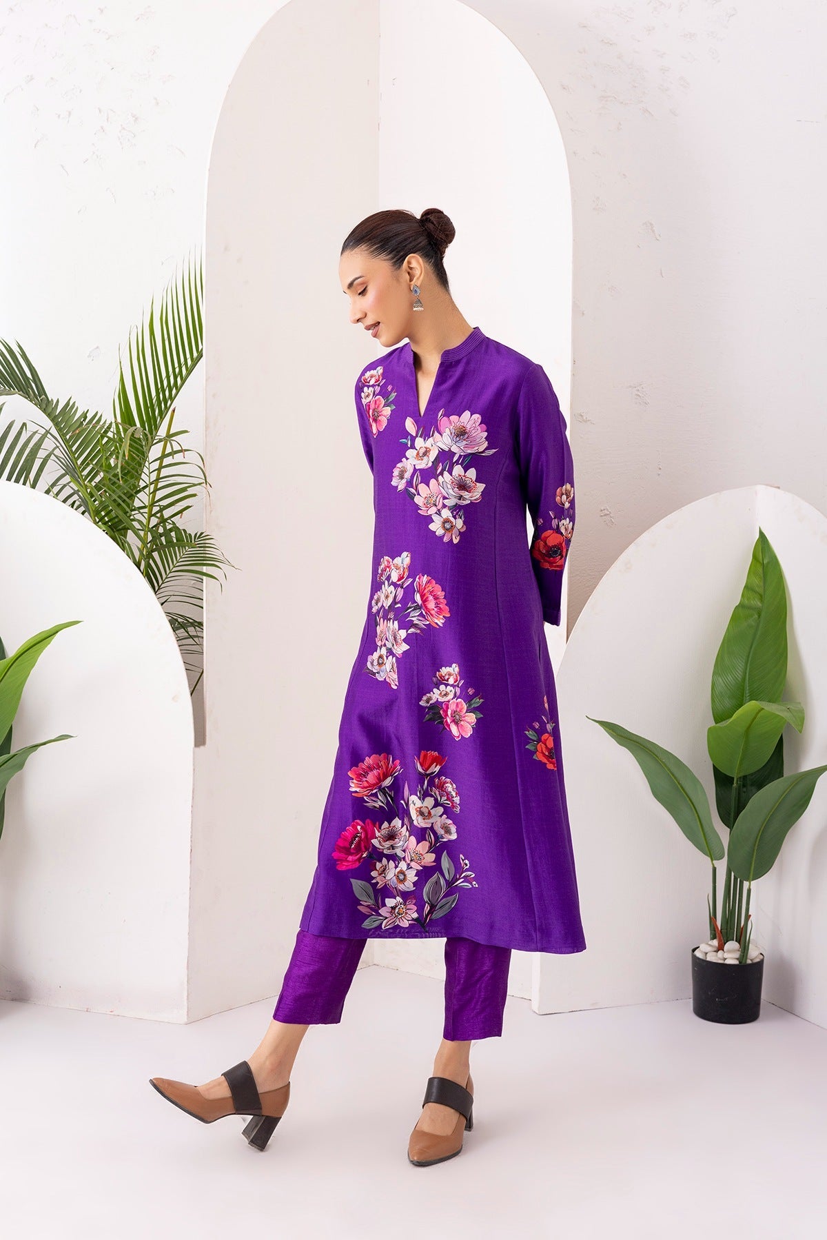 Royal Purple Silk Chanderi Printed Tunic Set (2 PCS)