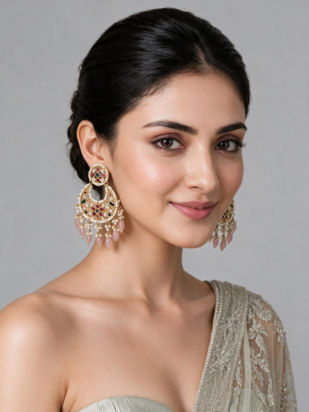 Multicolor Kundan Pearl Chandbali Earrings