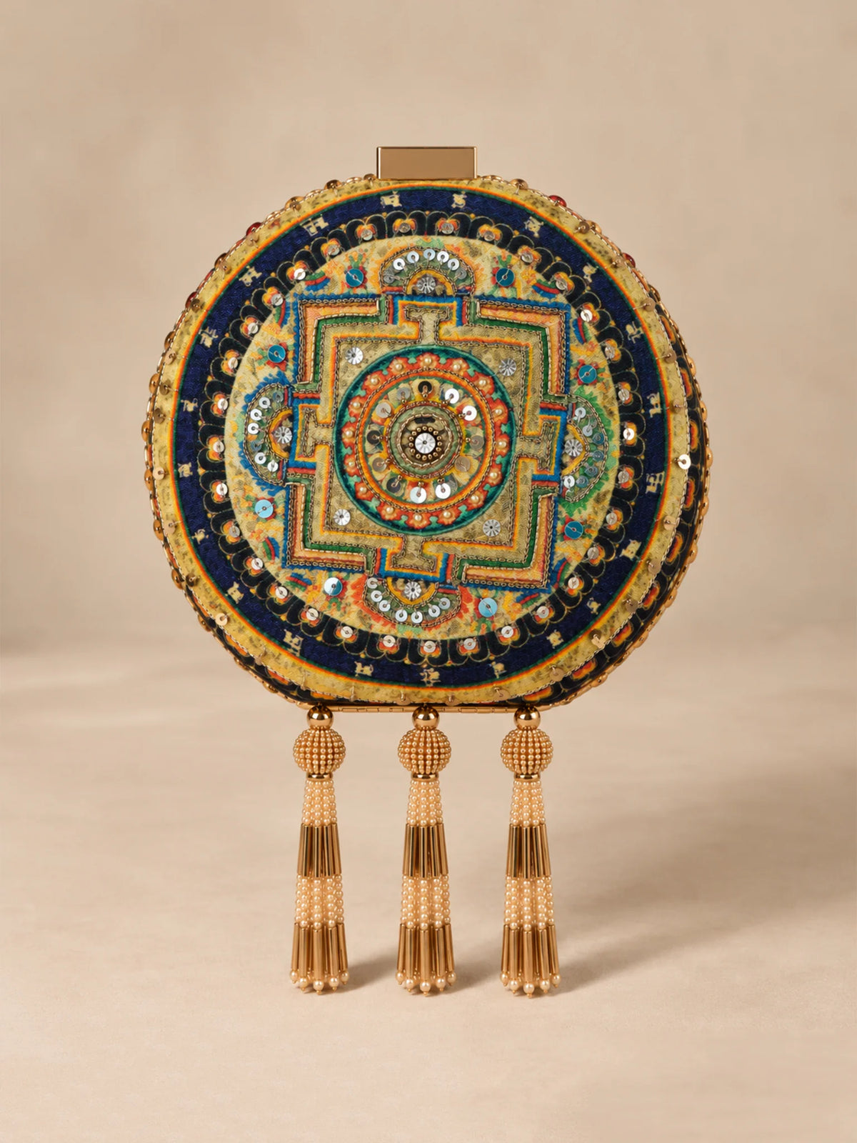 Blue Mandala Printed Embroidered Round Clutch Bag with Gold Tassels