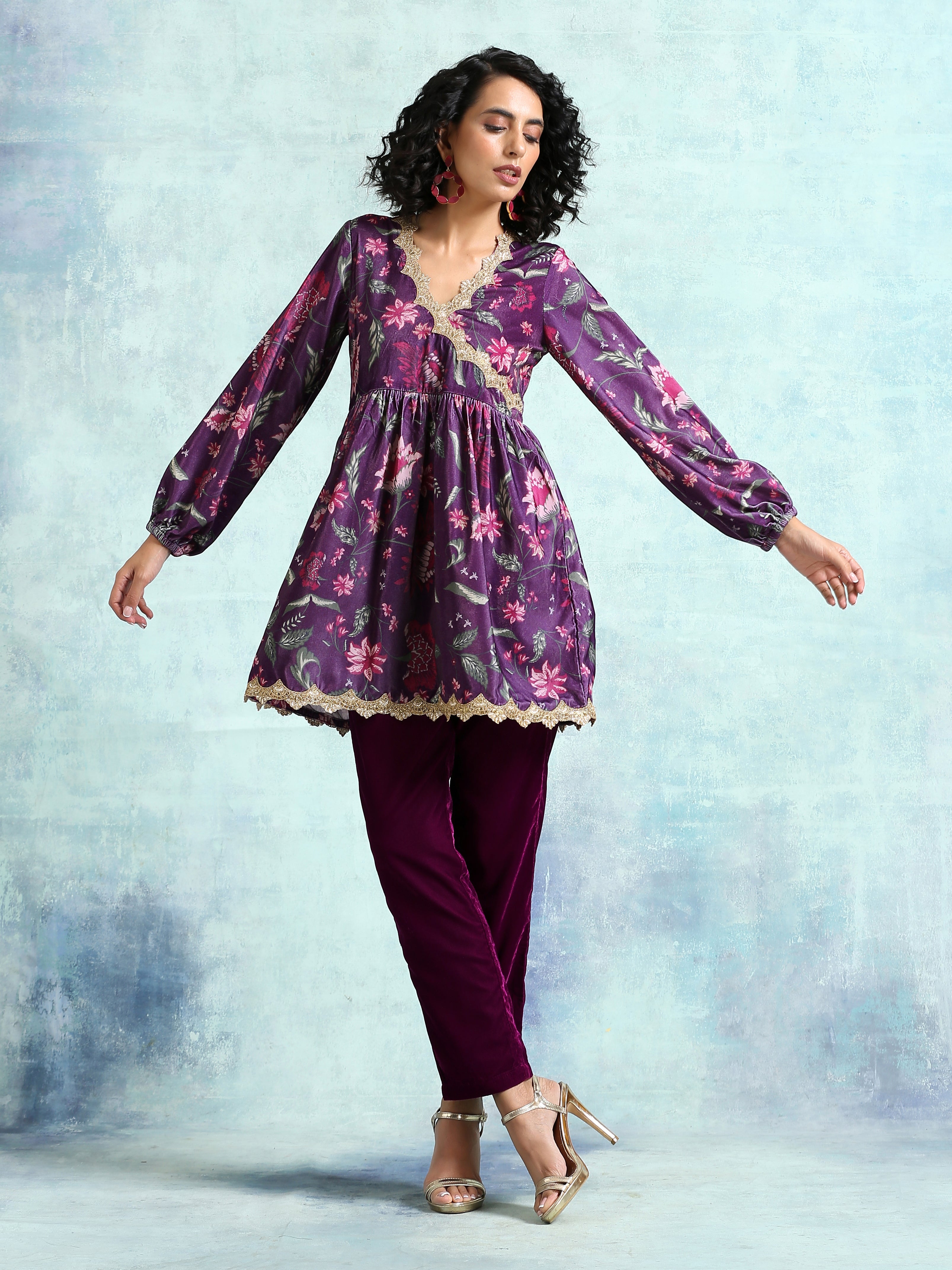Wine Printed Velvet Lace Co-Ord Set