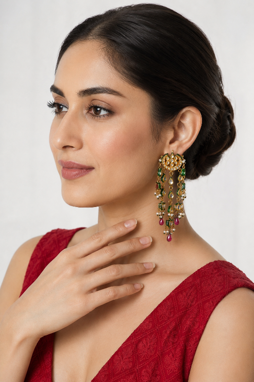 Gold-Plated Jaipuri Kundan Chandbali Tassel earring with Green & Ruby Drops