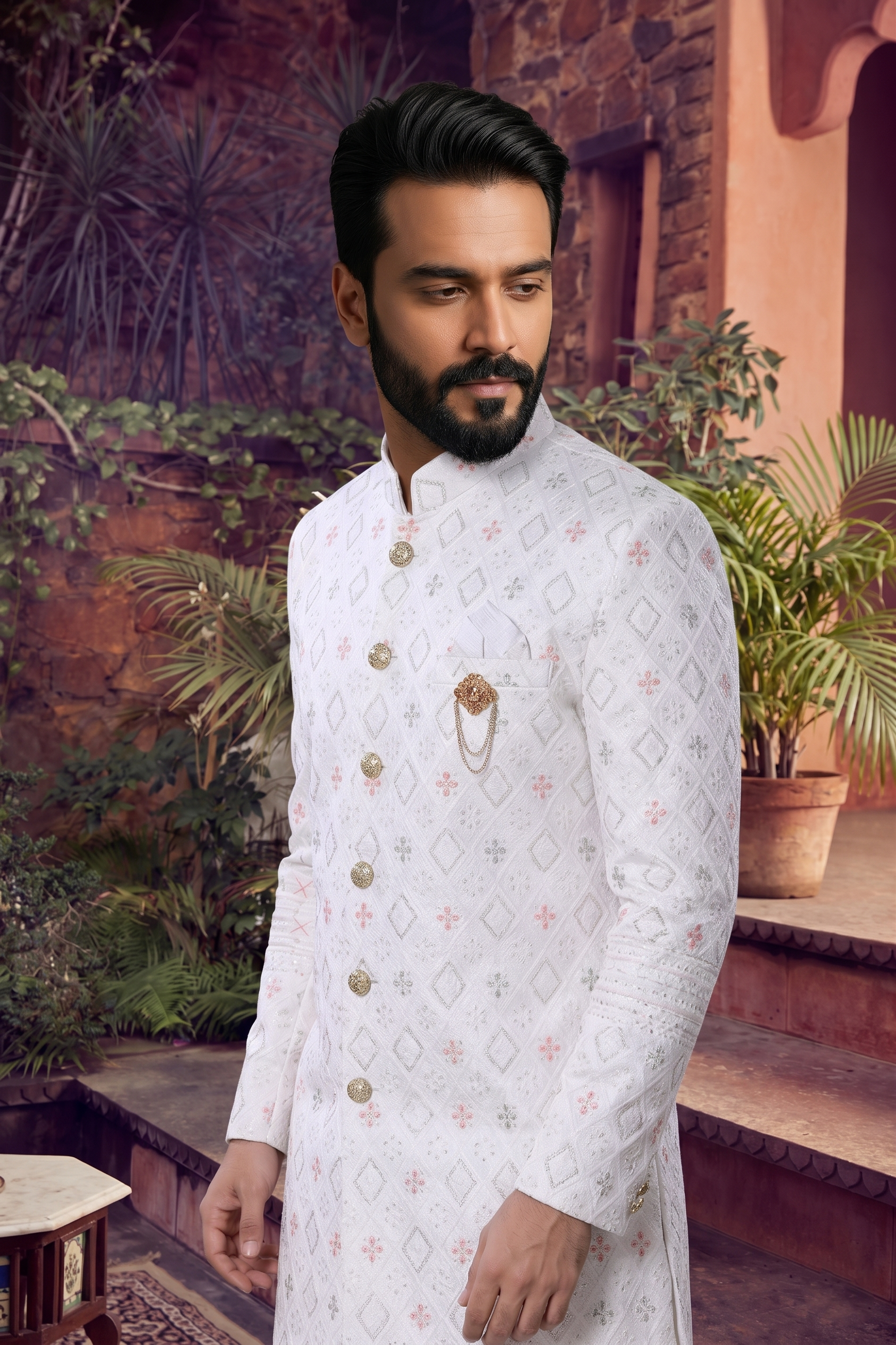 Men's SILK WHITE(MULTI COLOURS EMBROIDARY)  SHERWANI