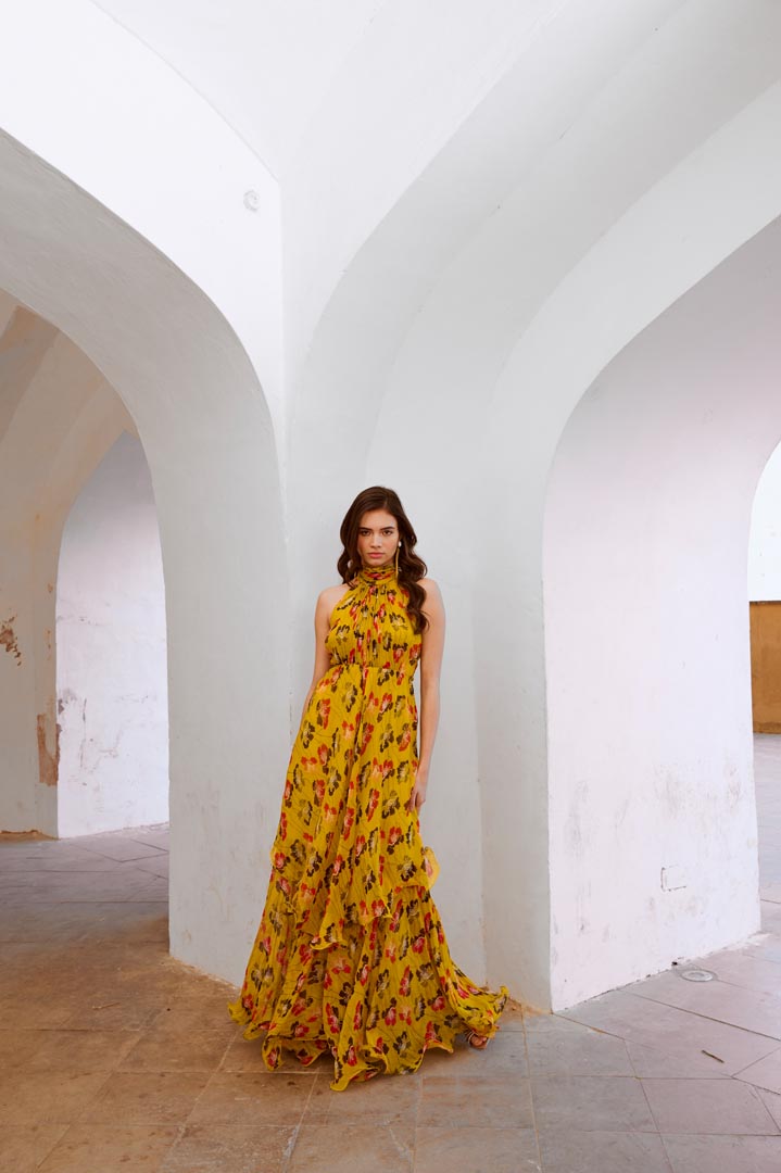 Image of Gulbahar Bumble bee green halter maxi