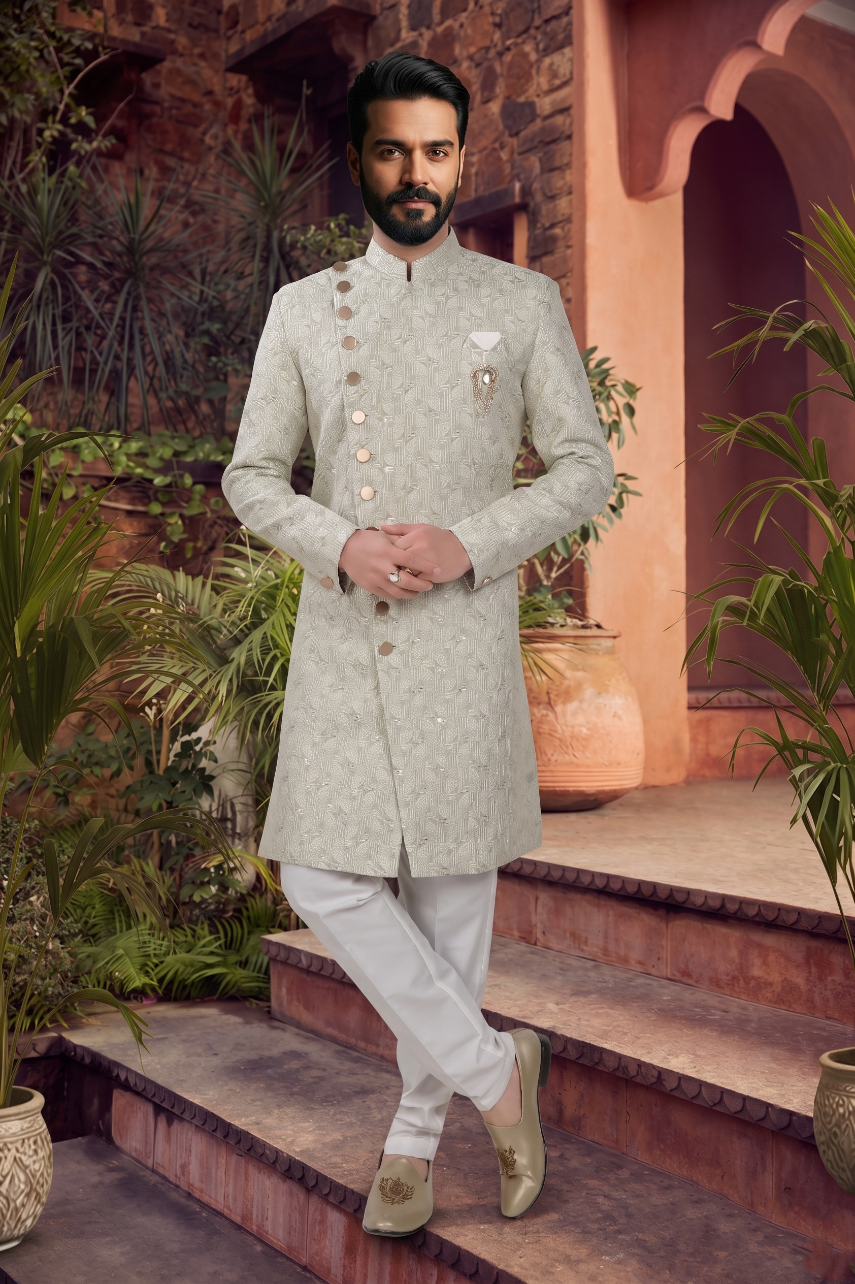 Men's WOVEN JACQUARD GREEN  SEMI-INDO-WESTERN