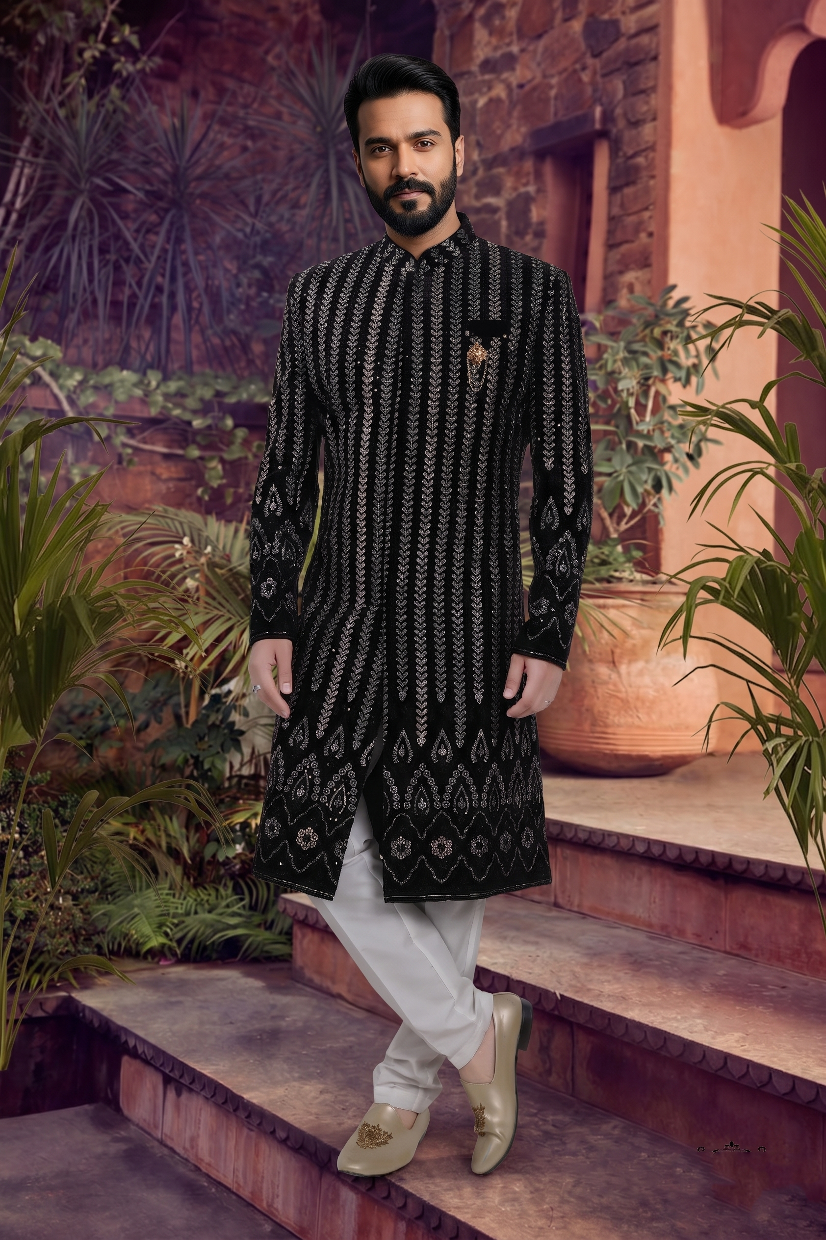 Men's VELVET BLACK(MULTI COLOUR EMBROIDRY)  SHERWANI