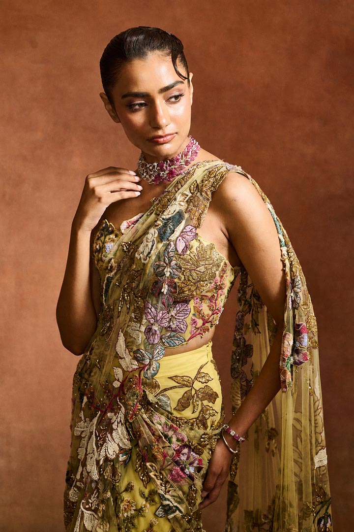 ETHEREAL BLOOM YELLOW TRAIL SAREE