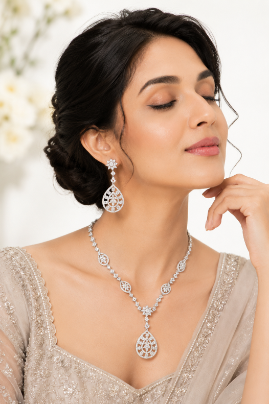 Luxury Cubic Zirconia Teardrop Necklace Set with Statement earring