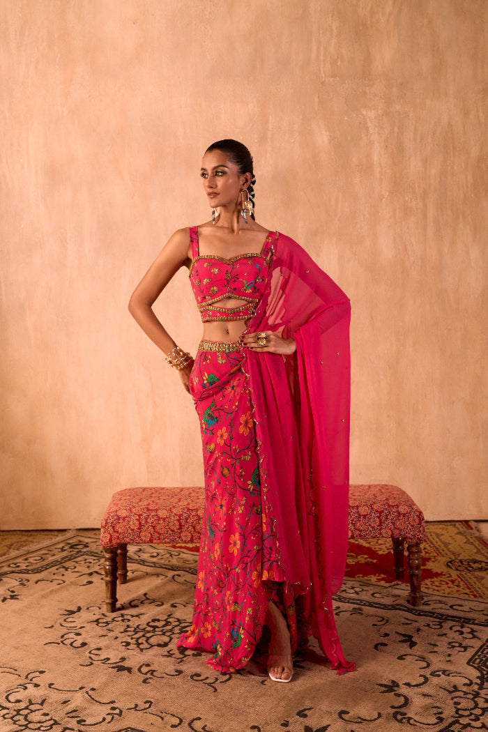 PINK PRINT EMBROIDERED CHOLI, DRAPED SKIRT AND DUPATTA SET - image 1