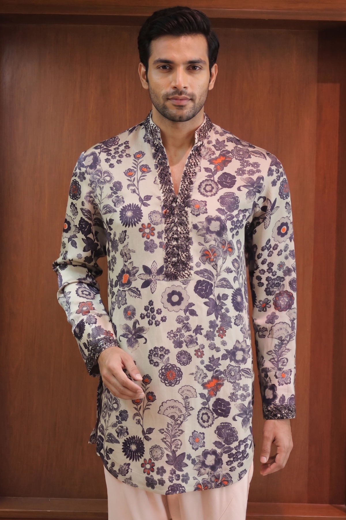 Ice Blue Printed & Embroidered Linen Satin Kurta