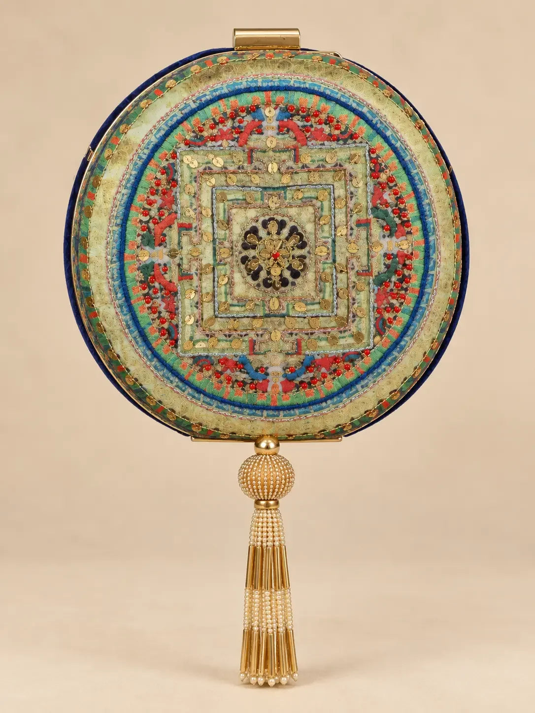 Blue Mandala Printed Embroidered Round Clutch Bag with Gold Tassel