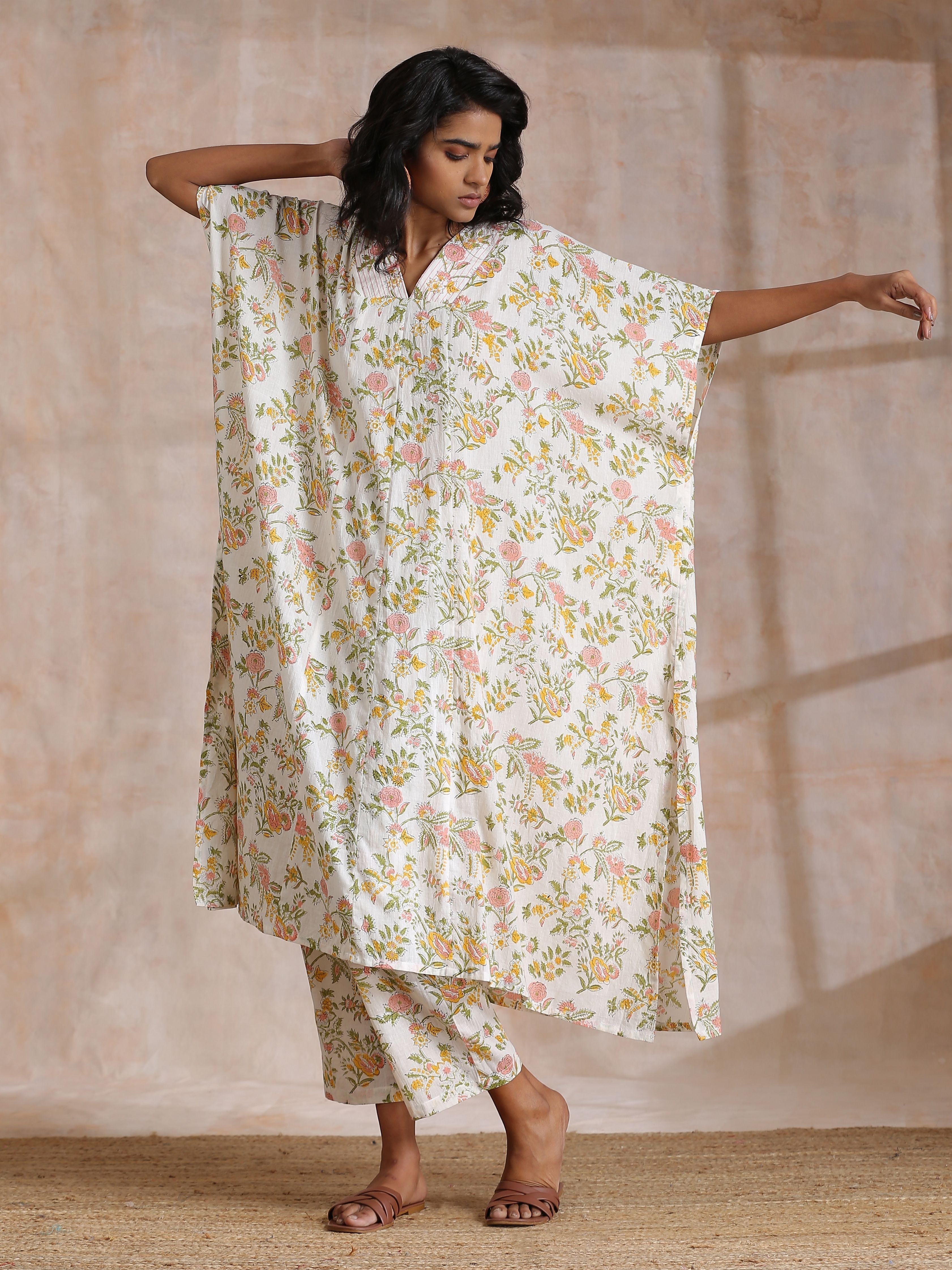 Pink Yellow Floral On White Block Print Cotton Panel Kaftan Kurta Pant Set