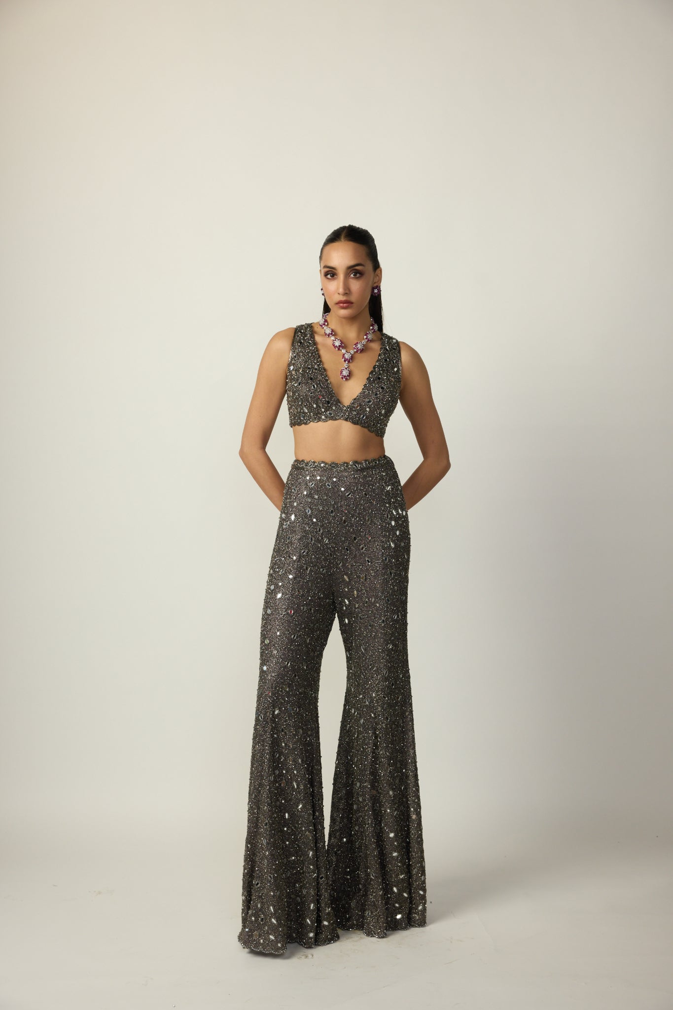 Metallic Grey Blouse Sharara Pant Set