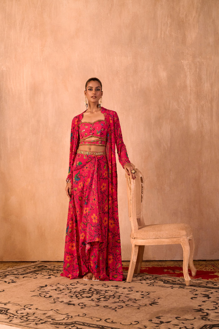 PINK PRINT EMBROIDERED CHOLI, DRAPED SKIRT AND JACKET SET - image 1