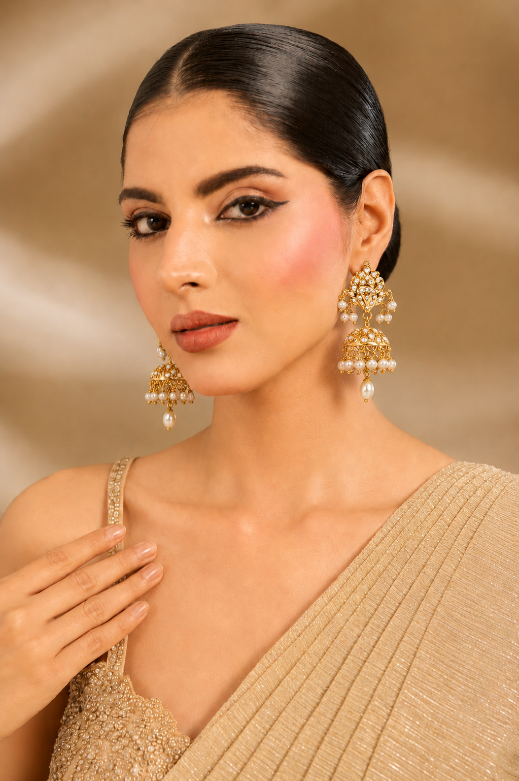 Polki Jhumka Earring with Pearl Drops