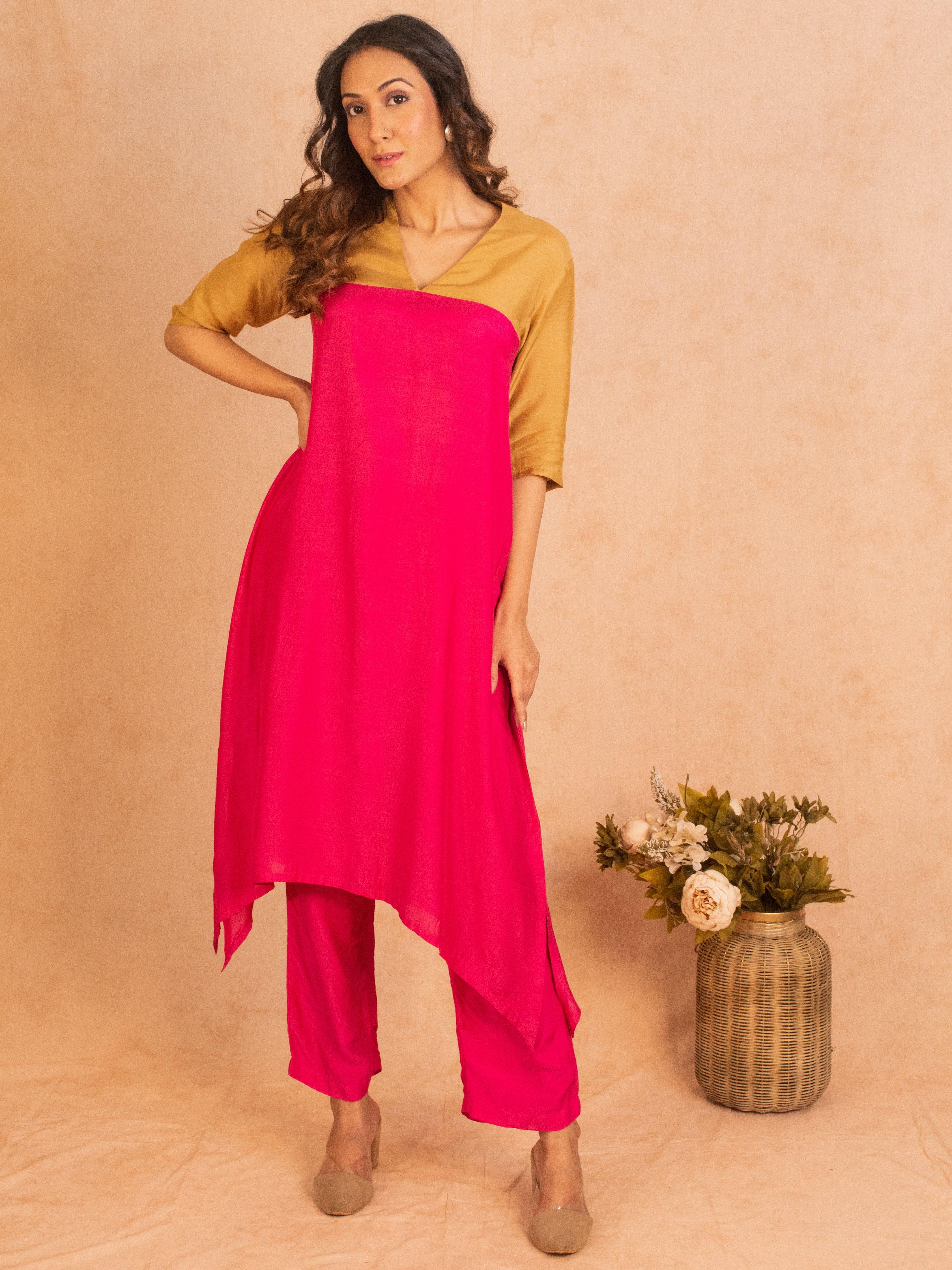 Silk Pink Flared Kurta Pant Set - trueBrowns
