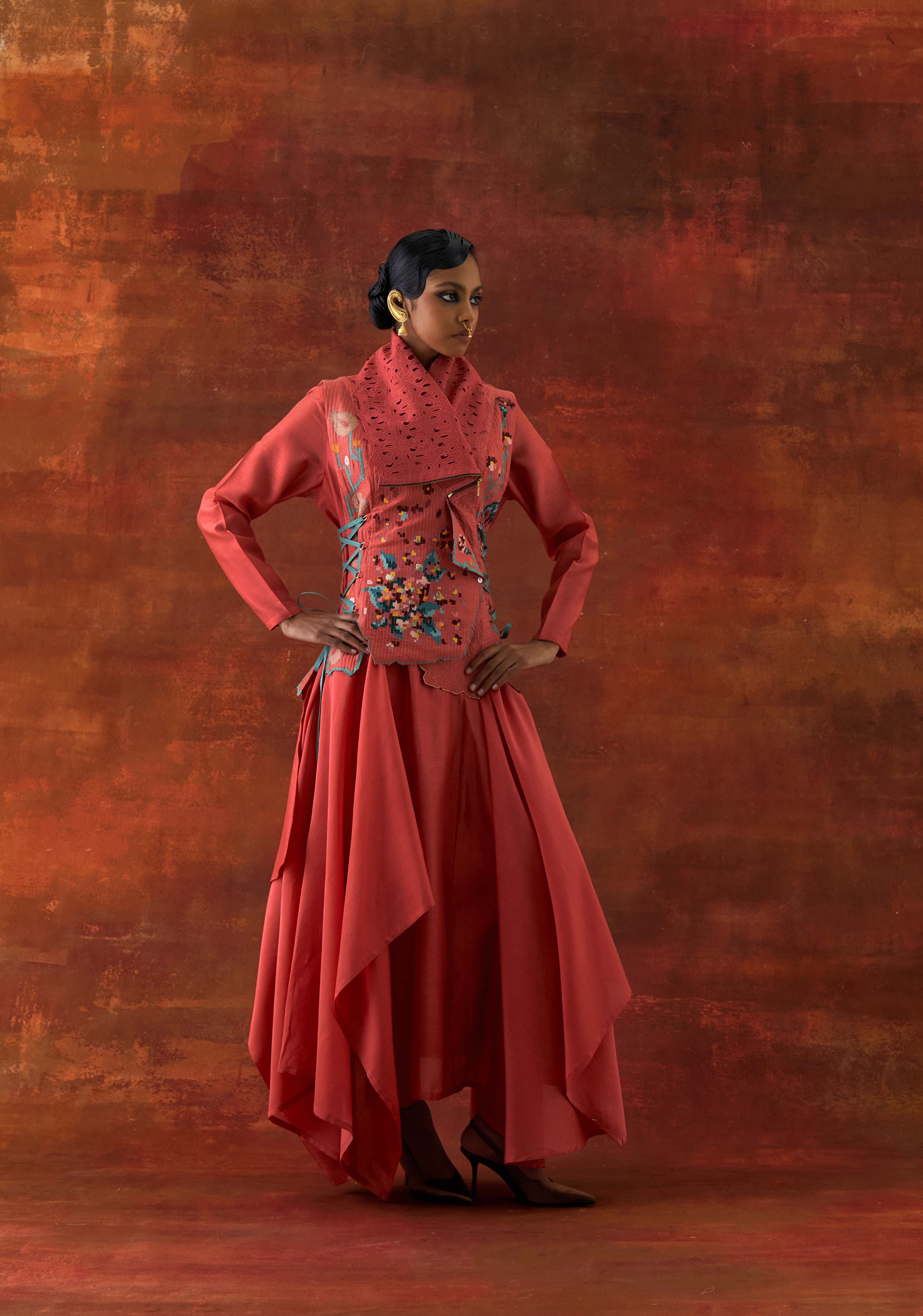 DRAPED COLLAR SIDE TIE UP JACKET WITH V NECK DRAPED KURTA AND PANTS - image 1
