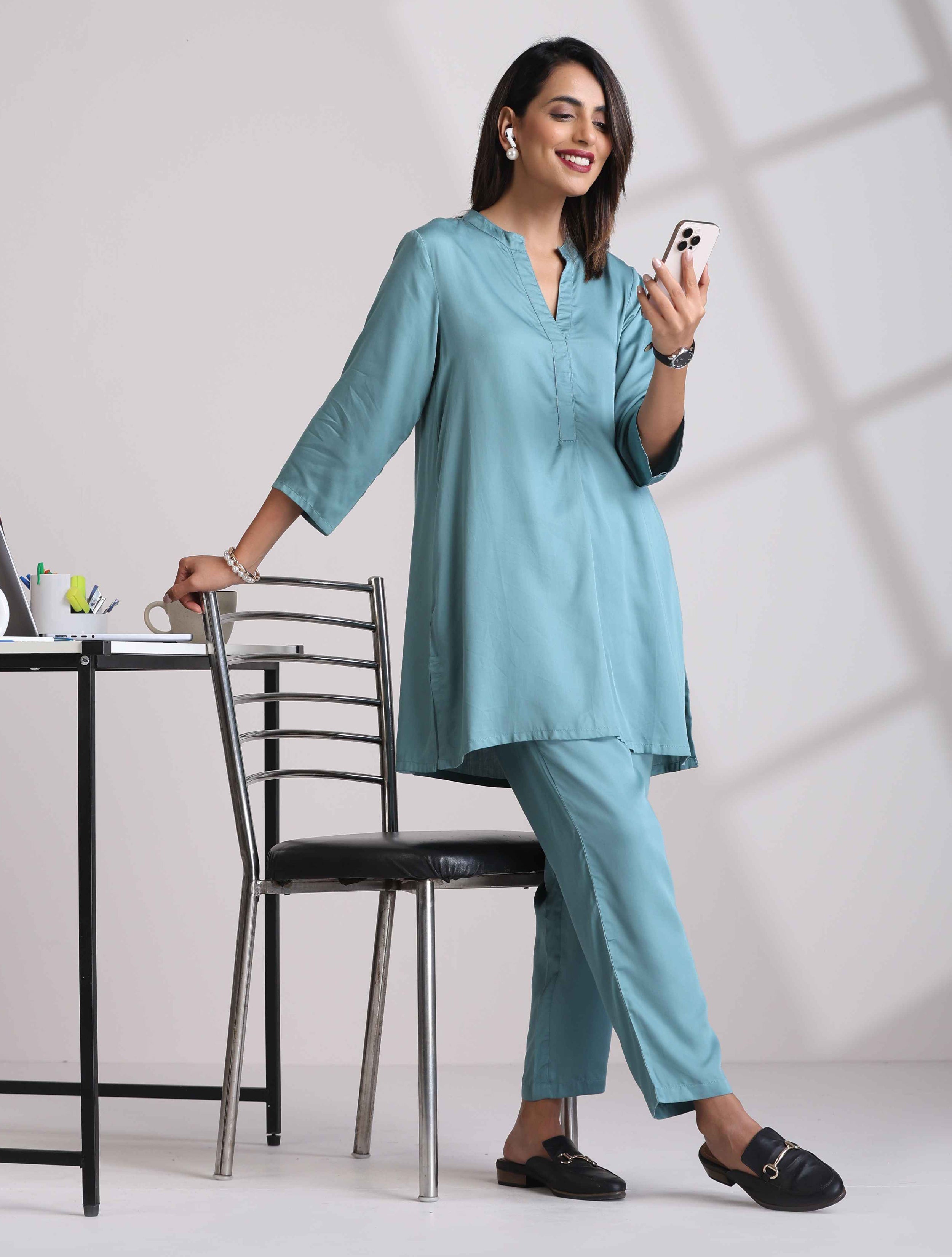 trueBrowns Light Blue Modal Straight Kurta Co-ord Set