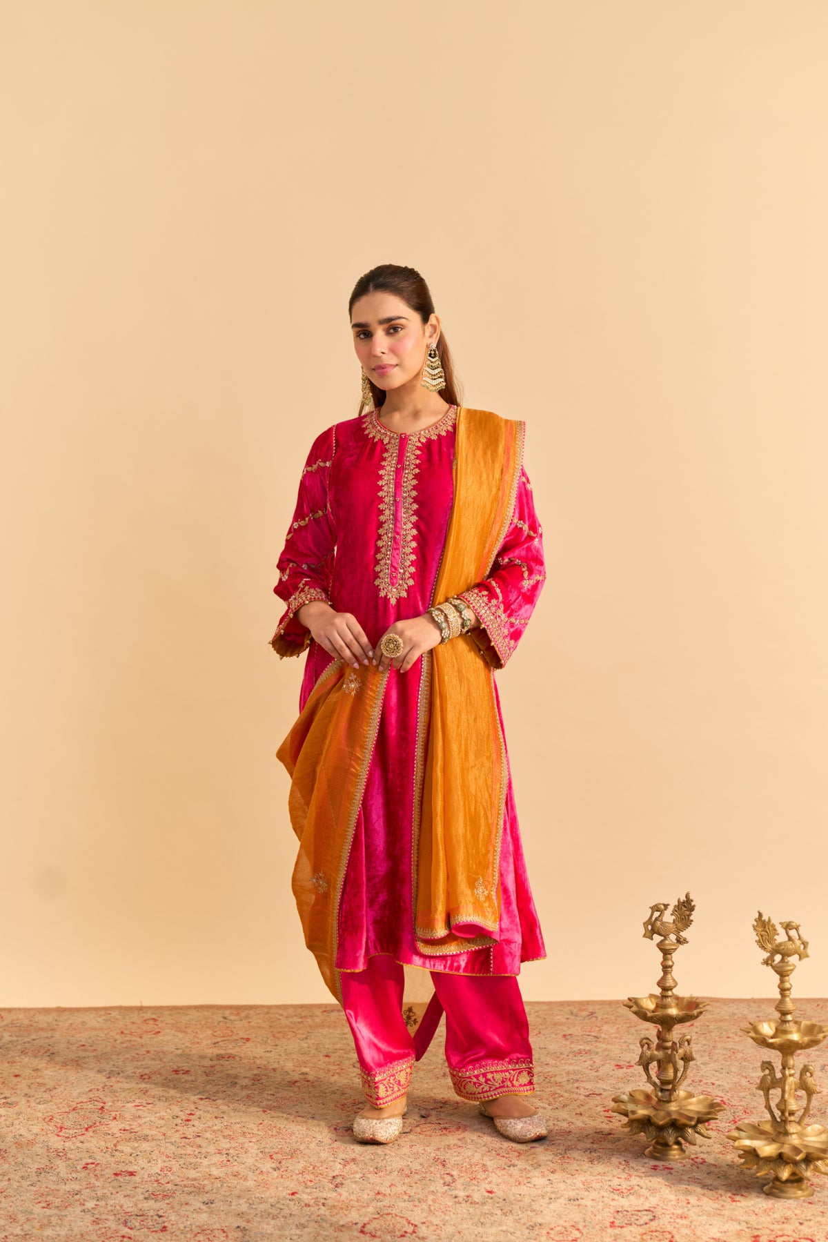 Hot Pink Velvet Chauga Salwar Suit with Tissue Silk Dupatta