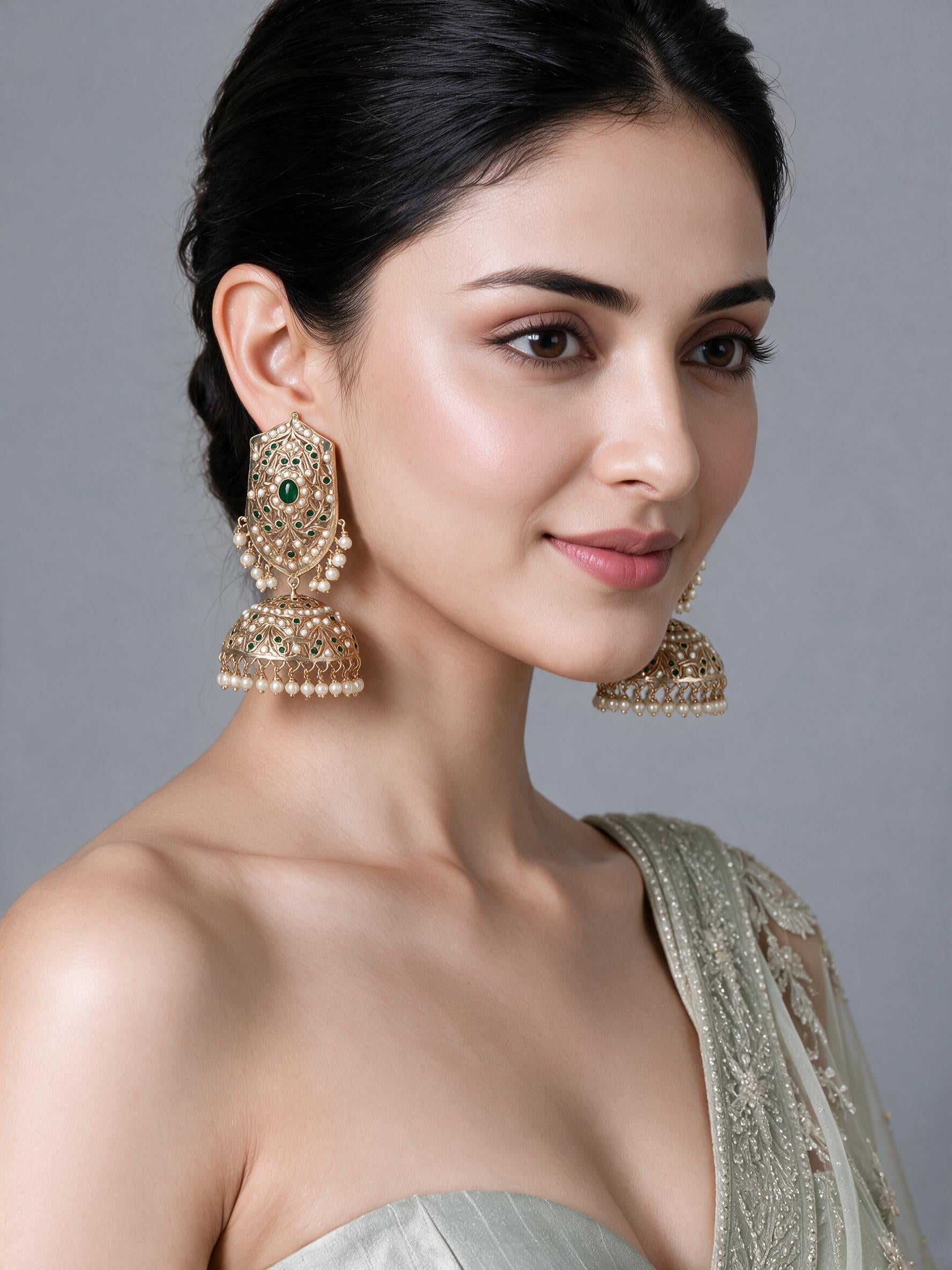 Emerald Green Jadau Pearl Jhumka Earrings
