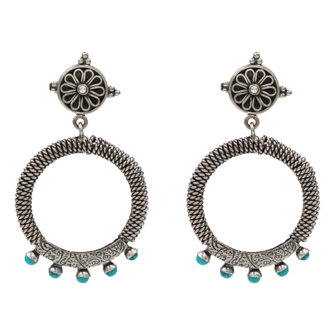 Turquoise Accent Silver Hoop Earrings by Sangeeta Boochra