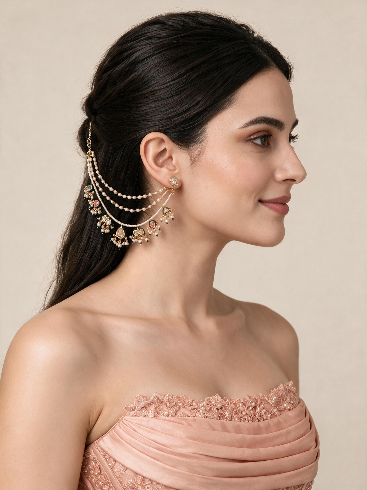 Kundan Pearl Drop Earchain