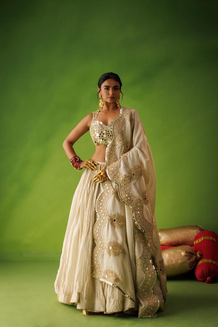 Beige crushed tissue lehenga with scallop dupatta