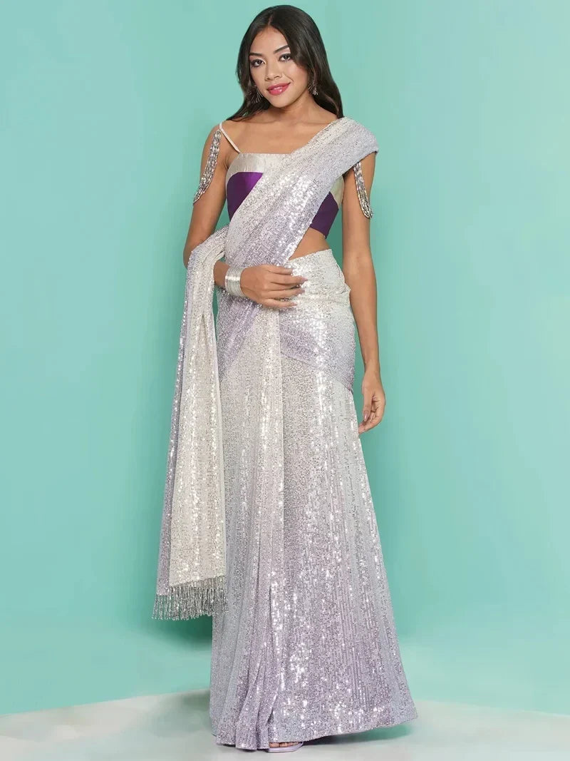 Ombre sequin Saree drape & stripe Blouse