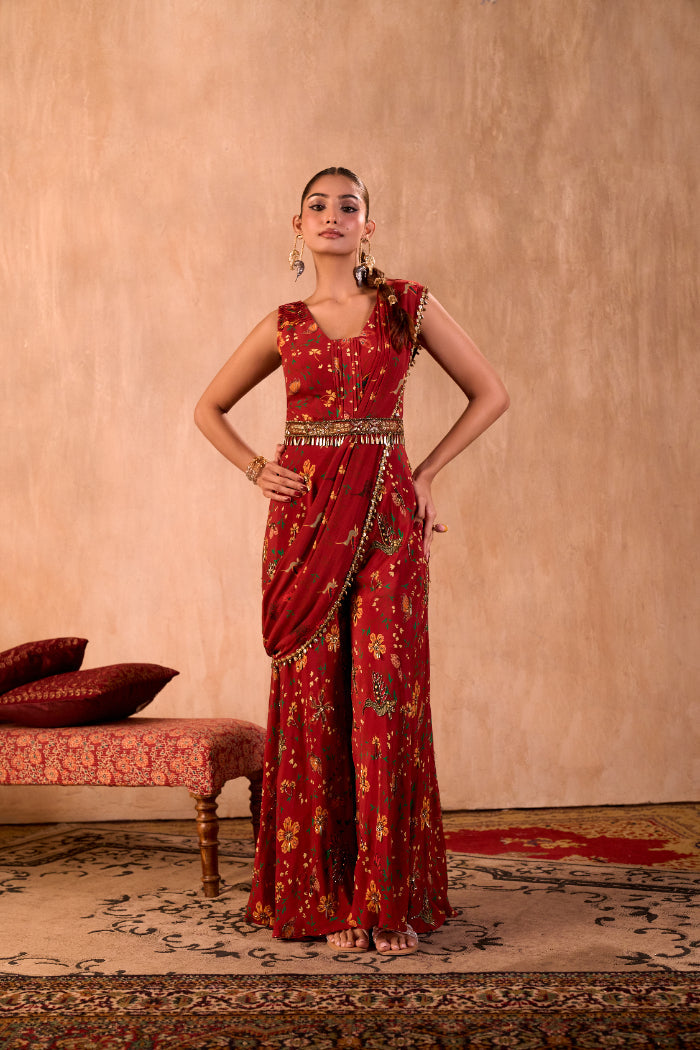 RED PRINT EMBROIDERED JUMPSUIT WITH DRAPE AND BELT SET - image 1