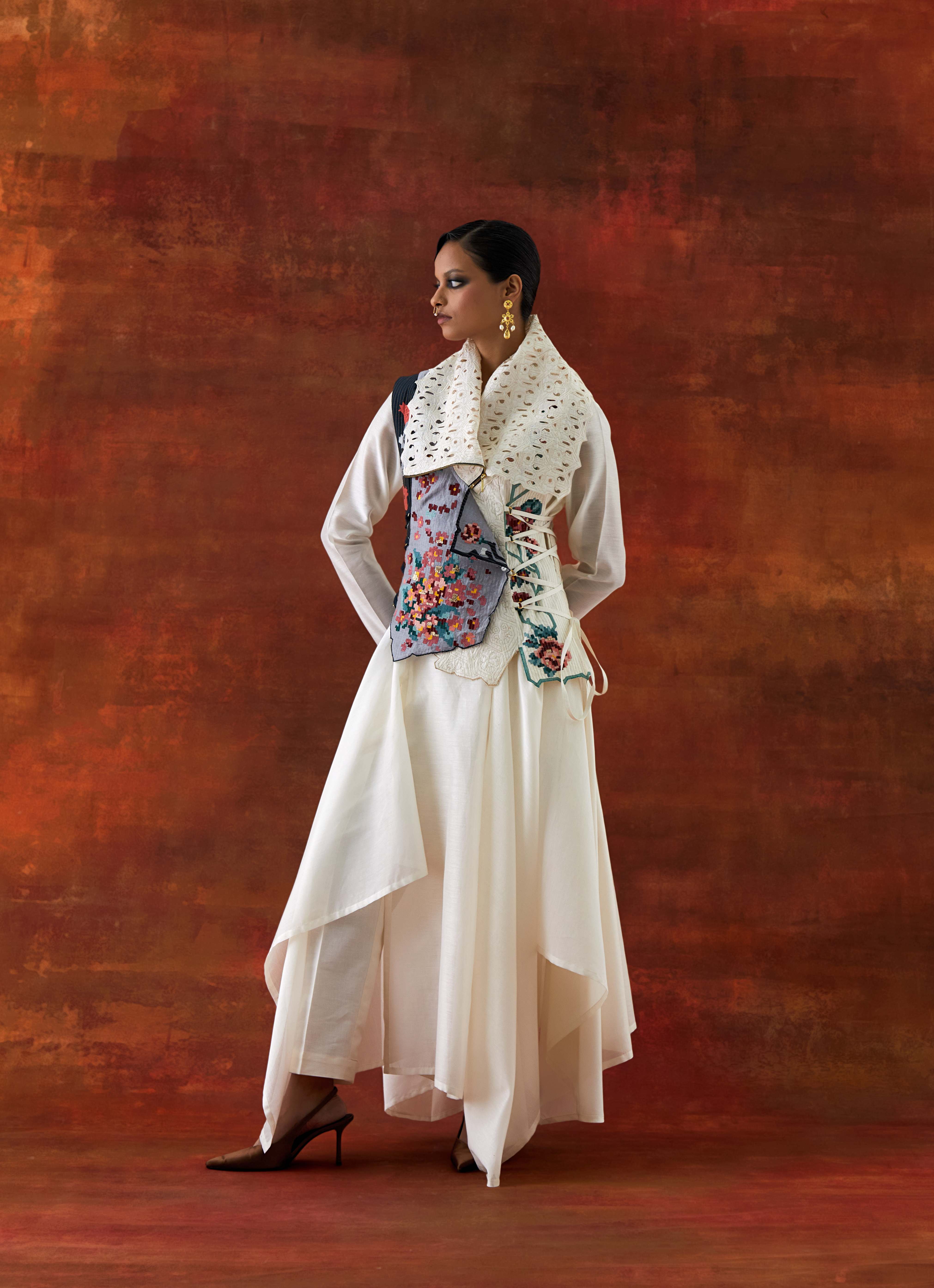 DRAPED COLLAR SIDE TIE UP JACKET WITH V NECK DRAPED KURTA AND PANTS - image 1