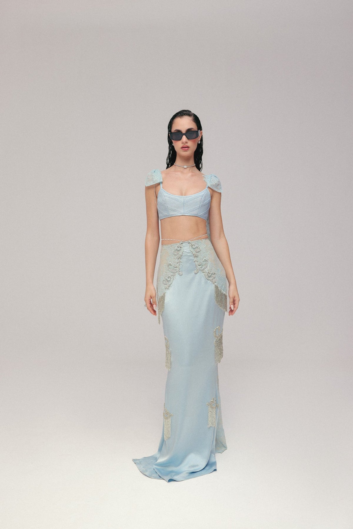 Bugle Bead & Crystal Embroidery, Silk Satin & Lace, Skirt Set, Crop Silhouette