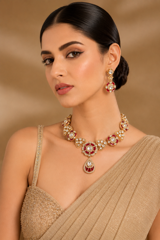 Ruby Kundan Choker Necklace Set with Drop Earring