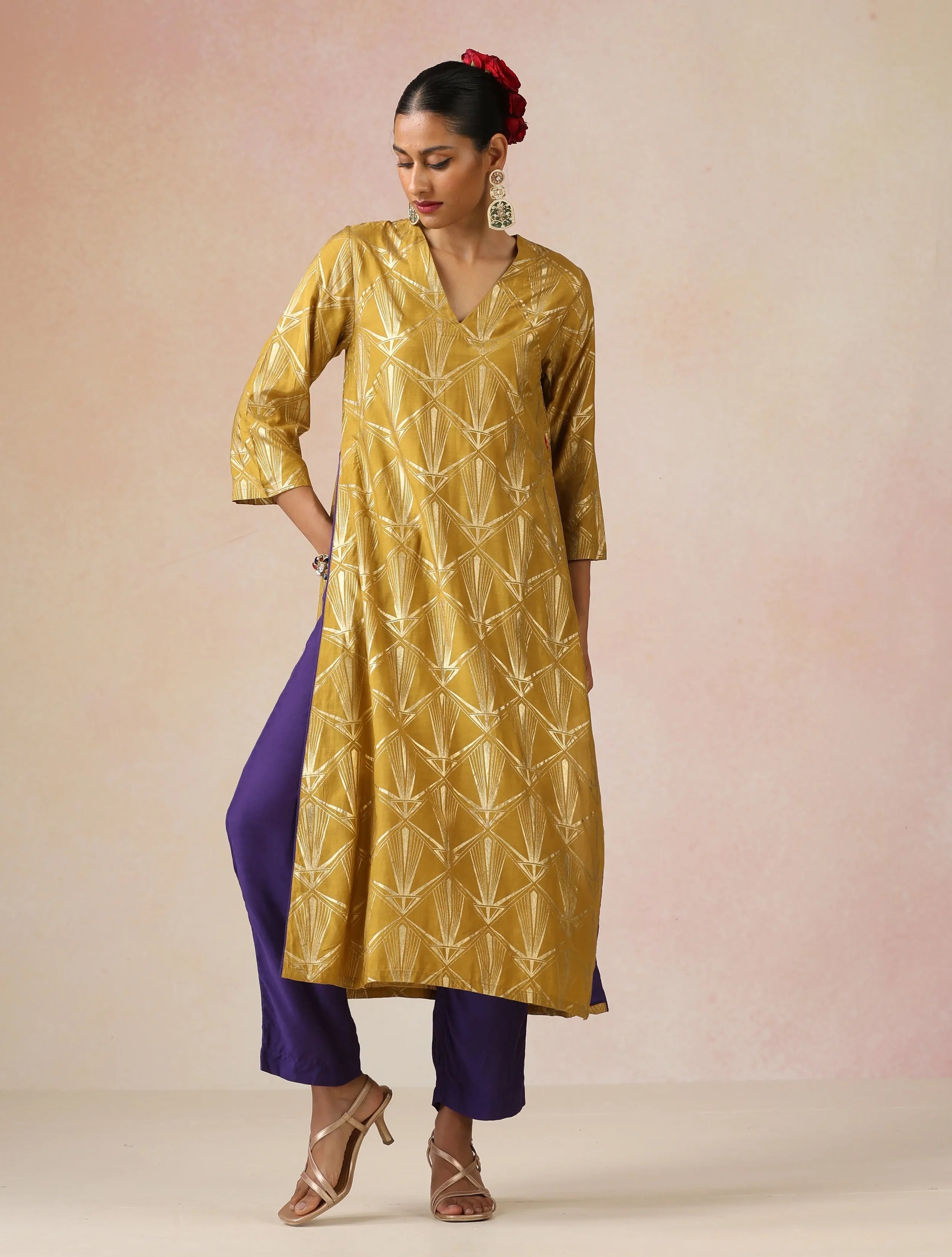 trueBrowns Mustard Gold Foil Print Muslin Silk Straight High-Slit Kurta Set
